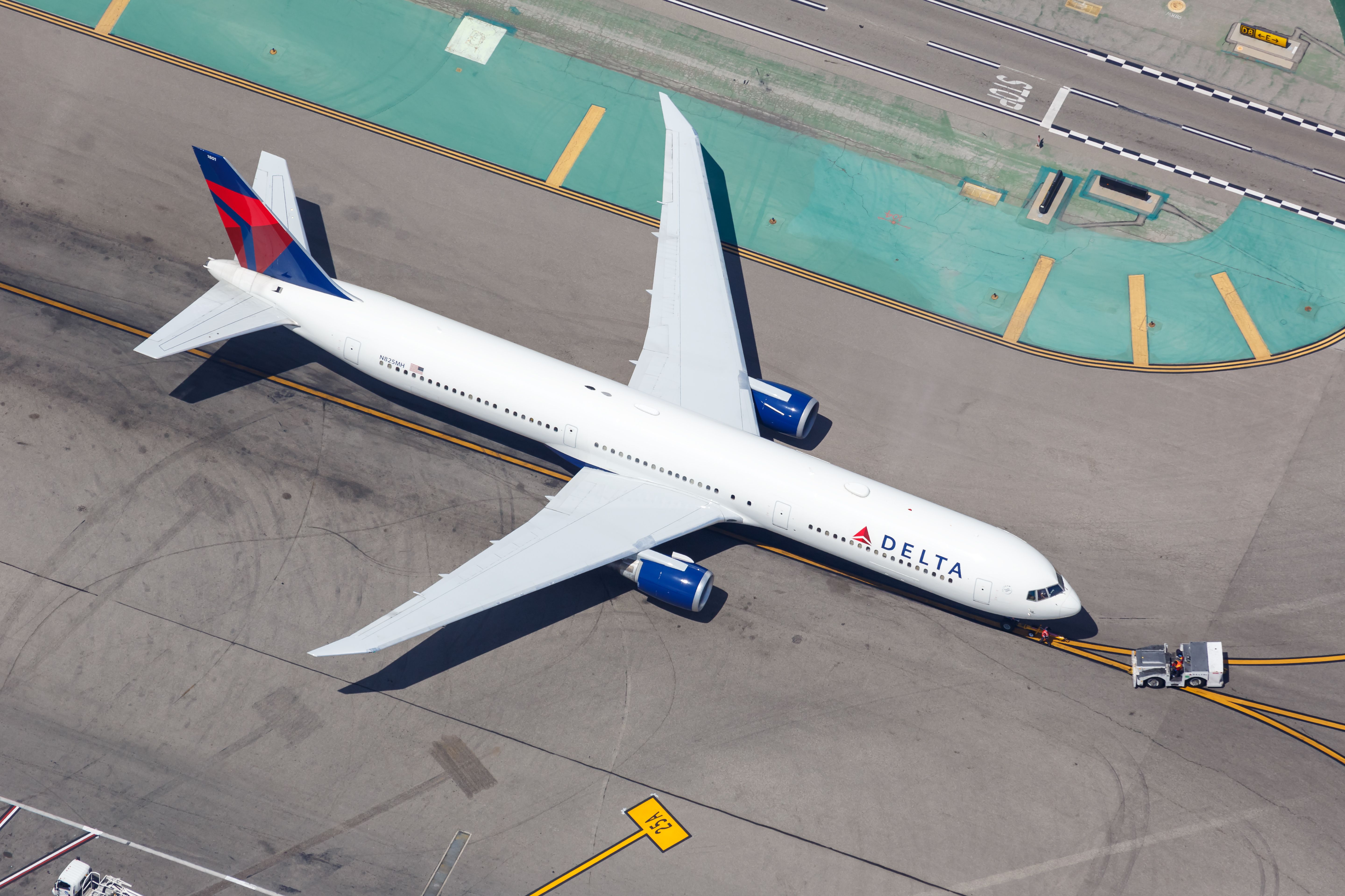 Aerial view of Delta Air Lines Boeing 767-400ER at LAX.