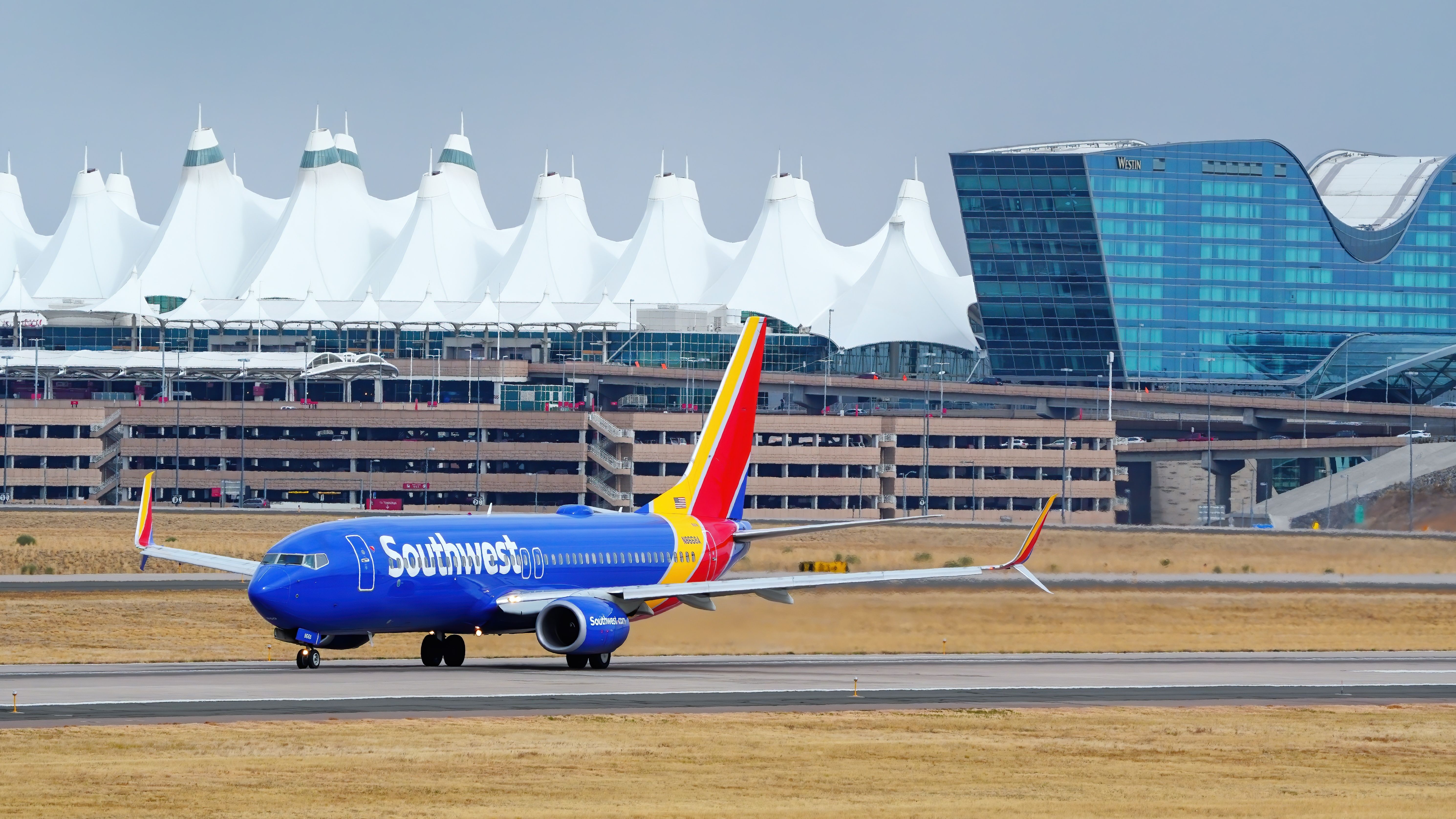 A Southwest Airlines aircraft on the apron at Denver International Airport.