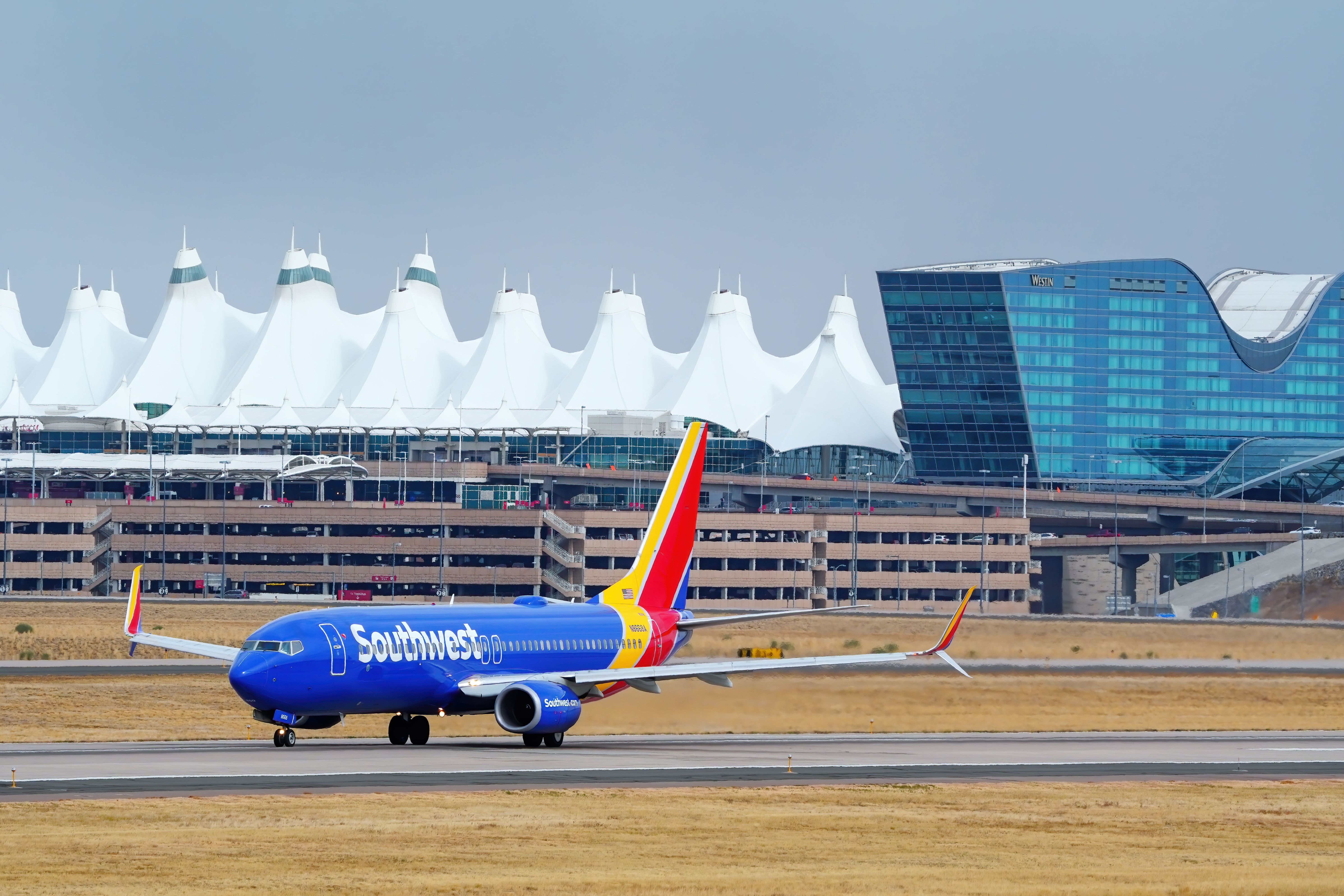 A Southwest Airlines aircraft on the apron at Denver International Airport.