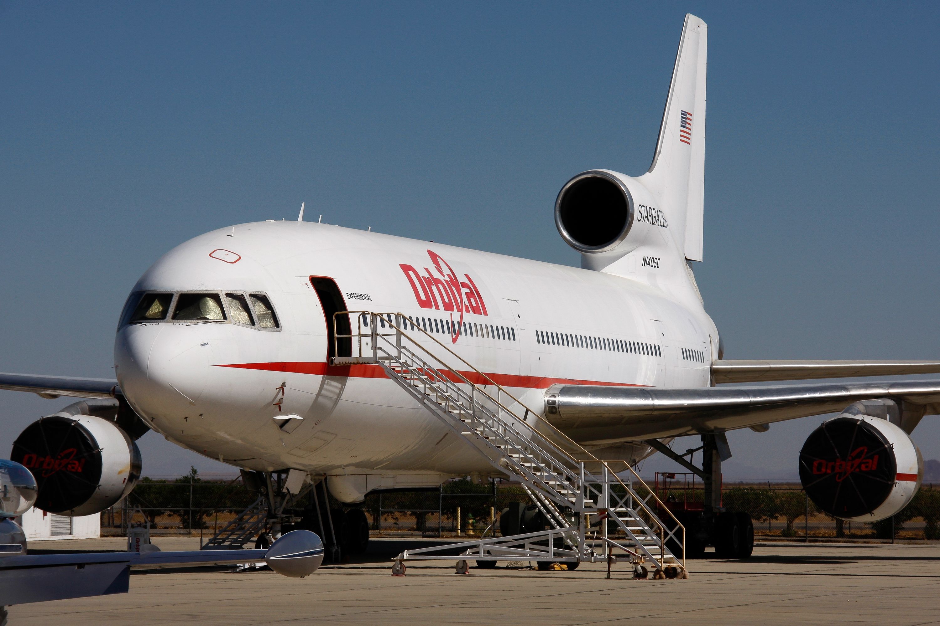 The Lockheed L-1011 Tristar satellite launch platform of Orbital Science parked on the ramp at Mojave airport in California.