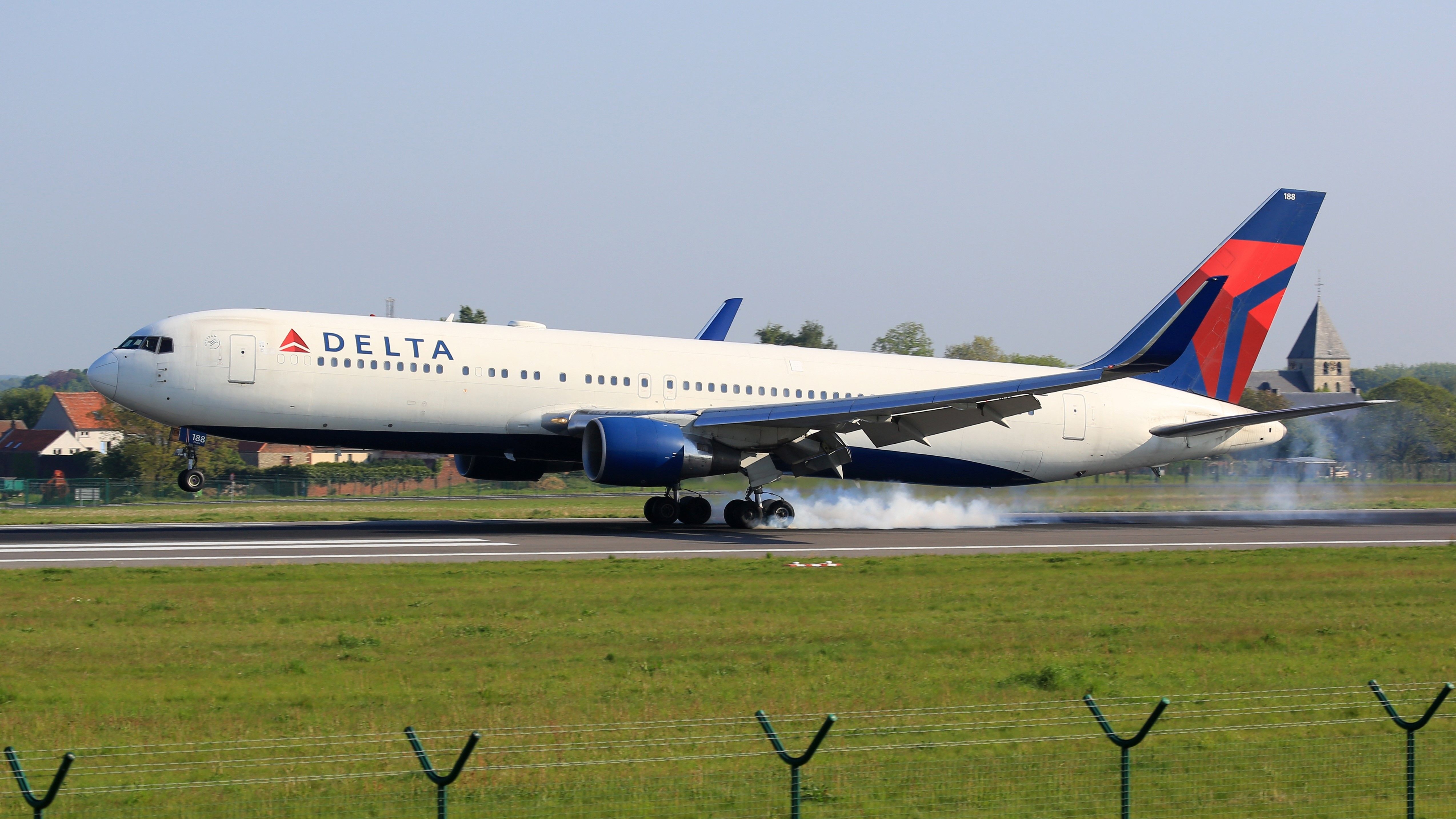 A Delta Air Lines Boeing 767-300ER as it lands.