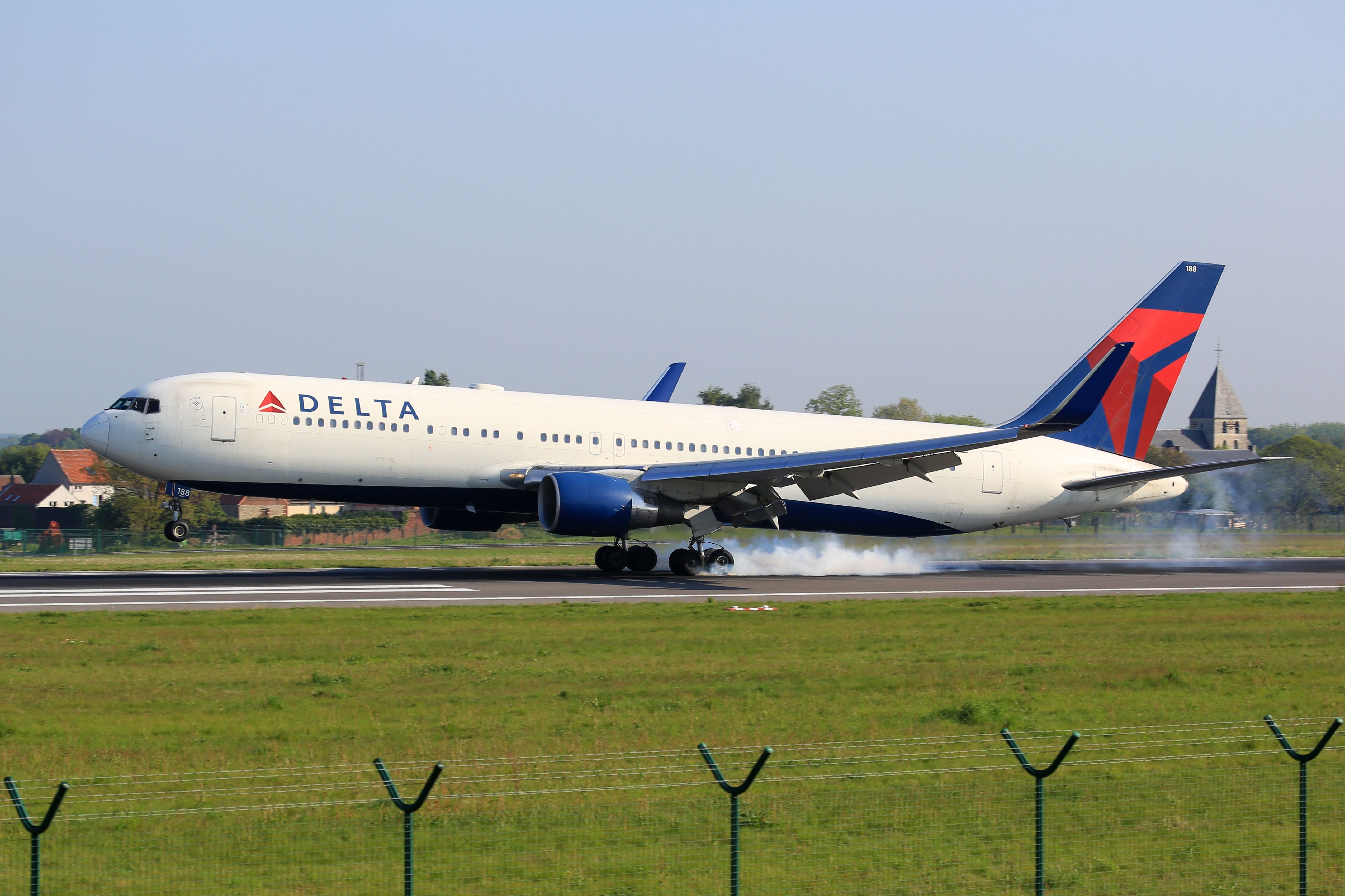A Delta Air Lines Boeing 767-300ER as it lands.