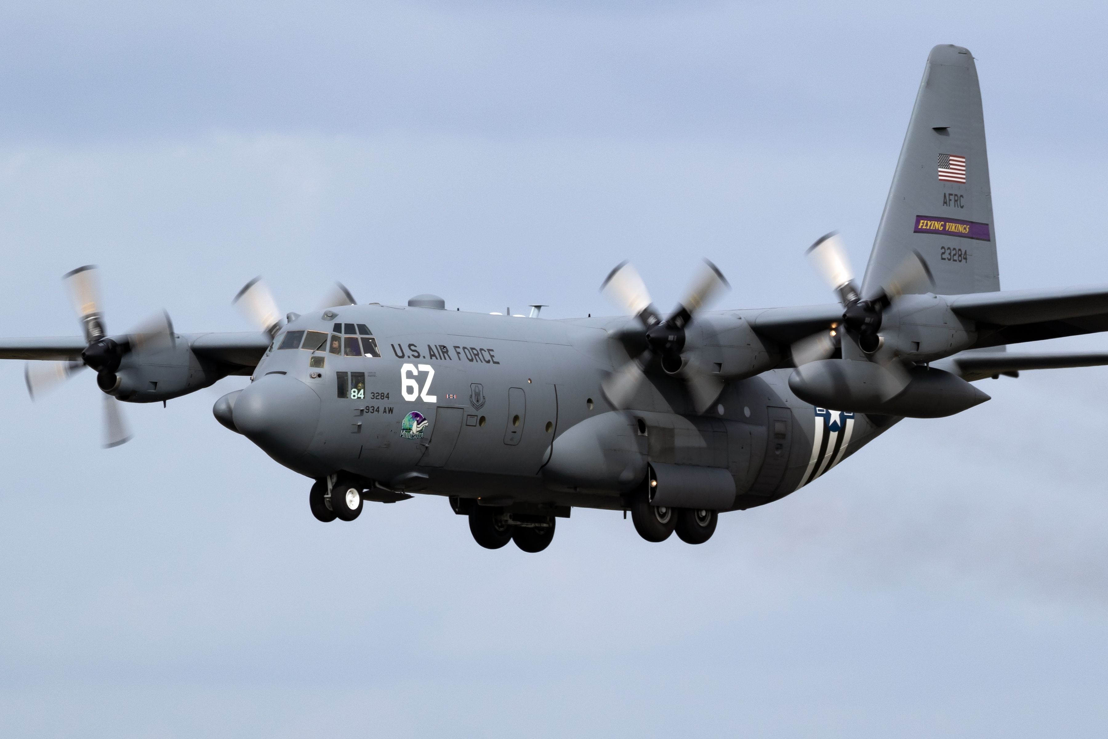 A US Air Force Lockheed C-130H Hercules from the 934th Airlift Wing from Minnesota flying in the sky.