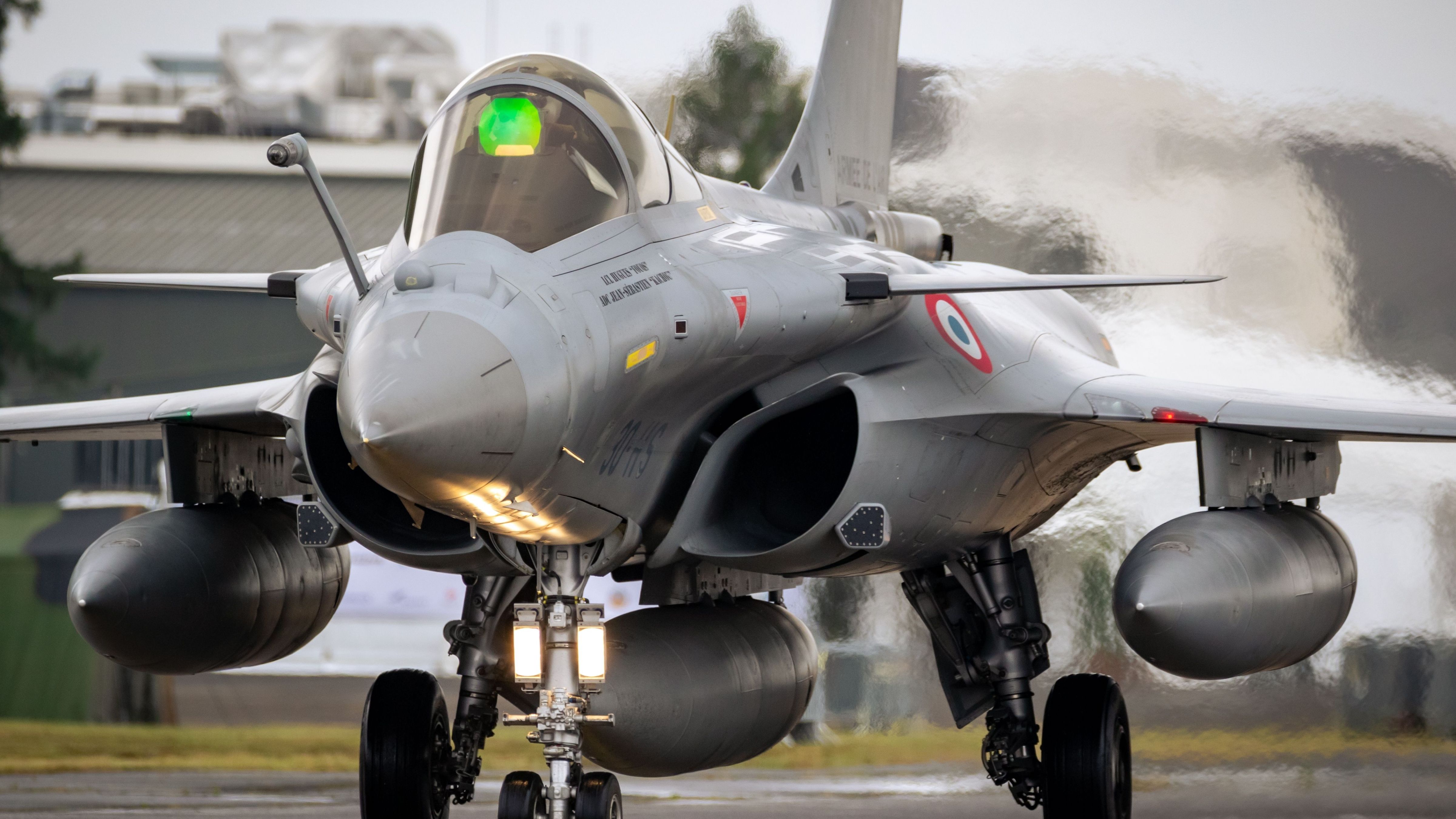 A Closeup of a French Air Force Dassault Rafale on a runway.