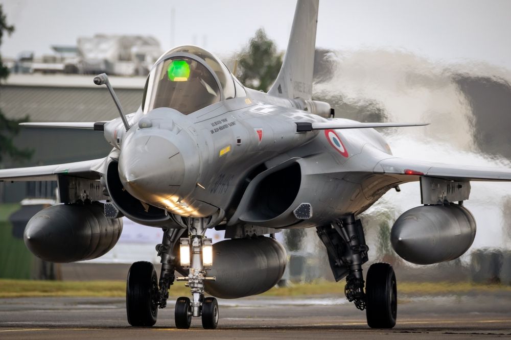 A Closeup of a French Air Force Dassault Rafale on a runway.