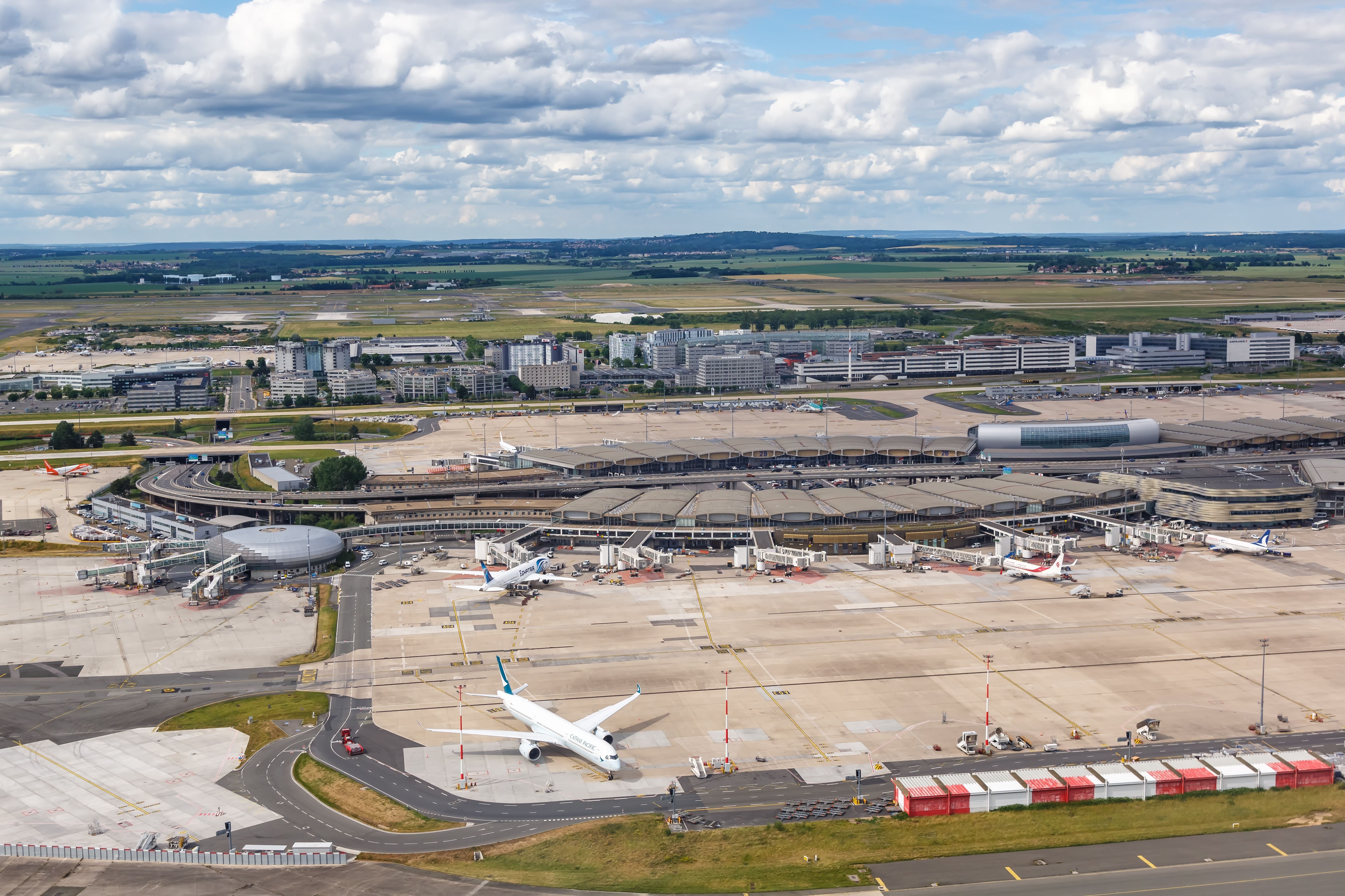 An aerial view of the apron at Paris Charles de Gaulle terminal 2.