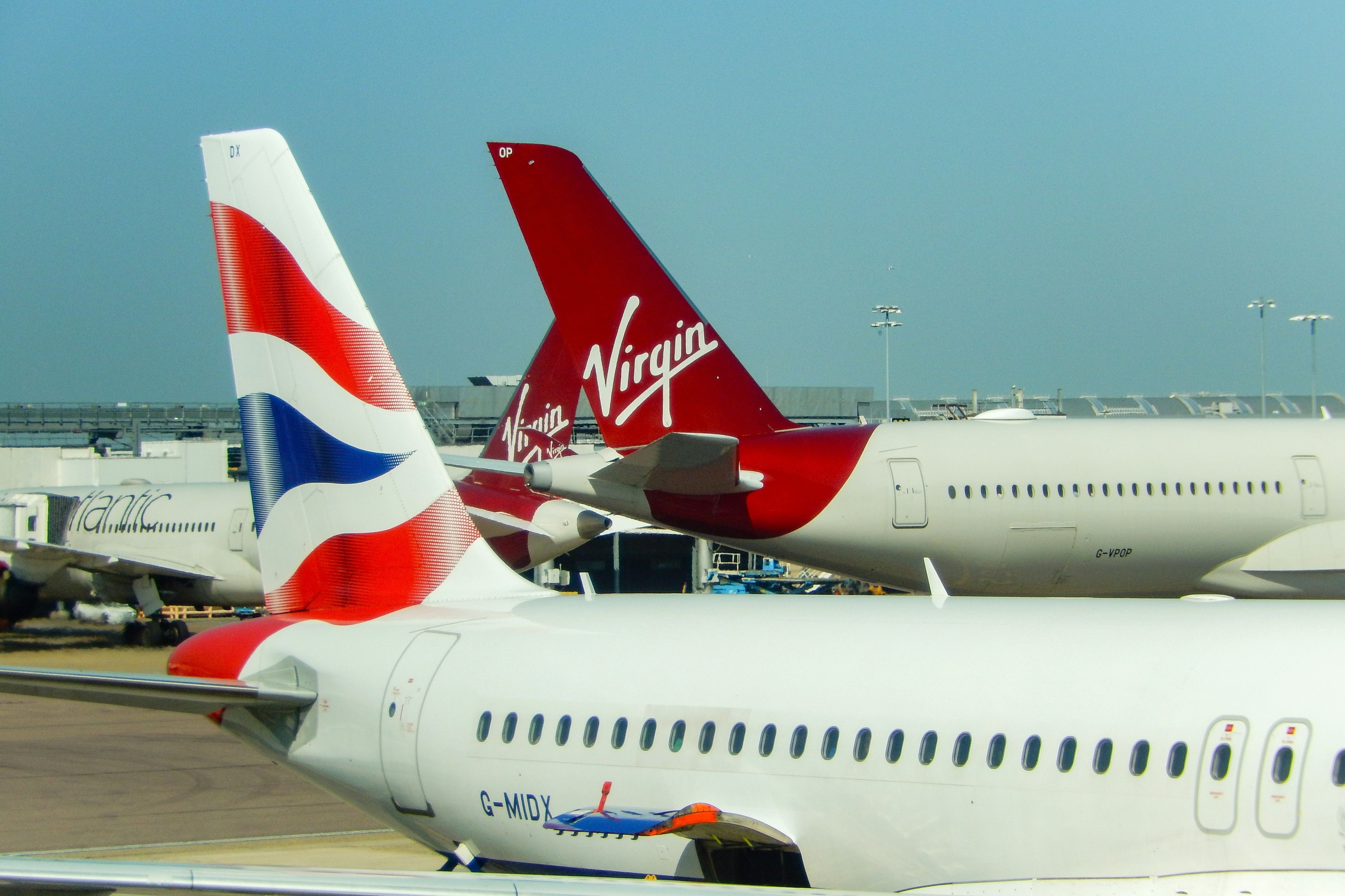 Aircraft tails of British Airways and Virgin Atlantic. 