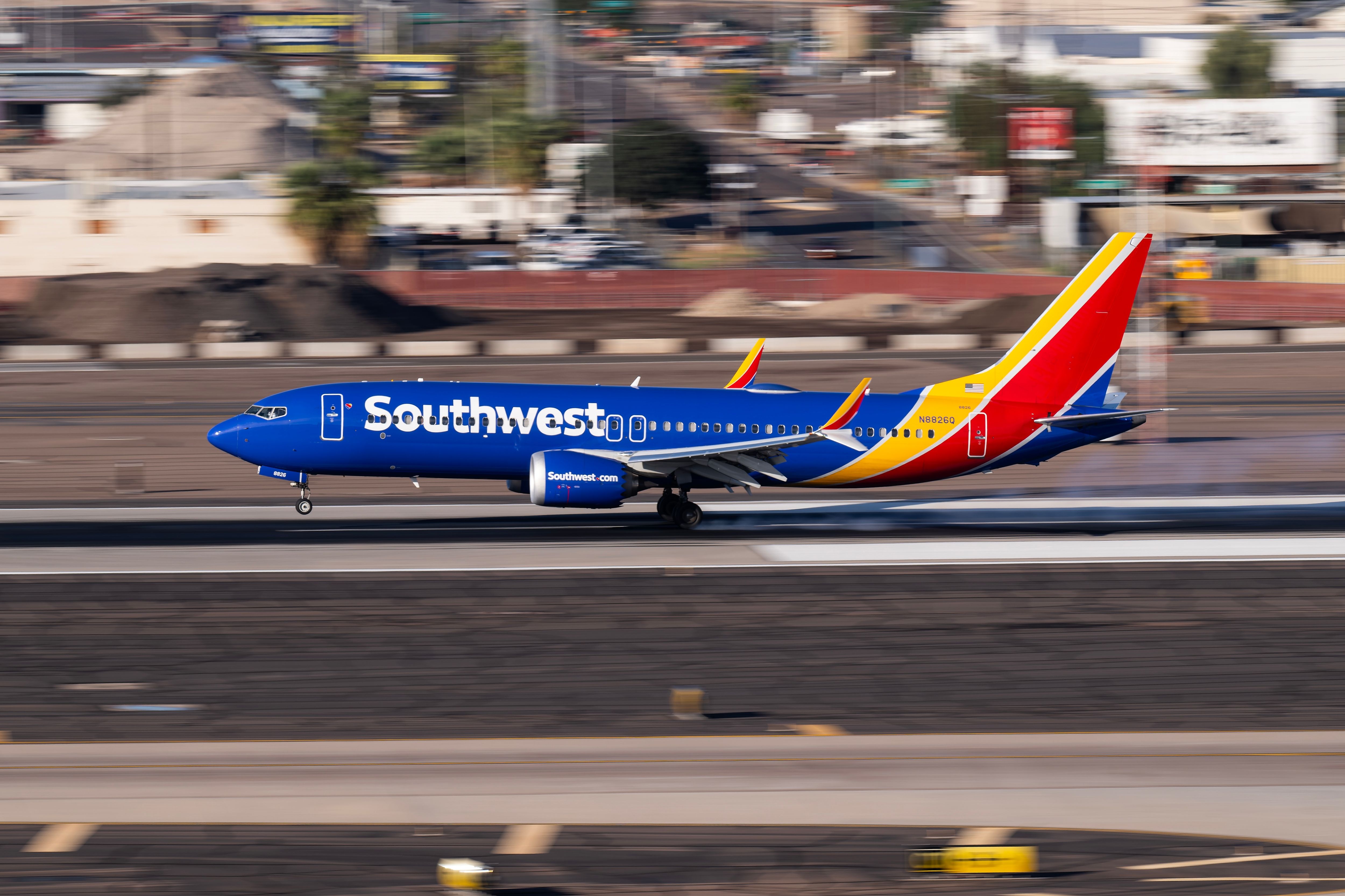 A Southwest Airlines Boeing 737 MAX as it lands.