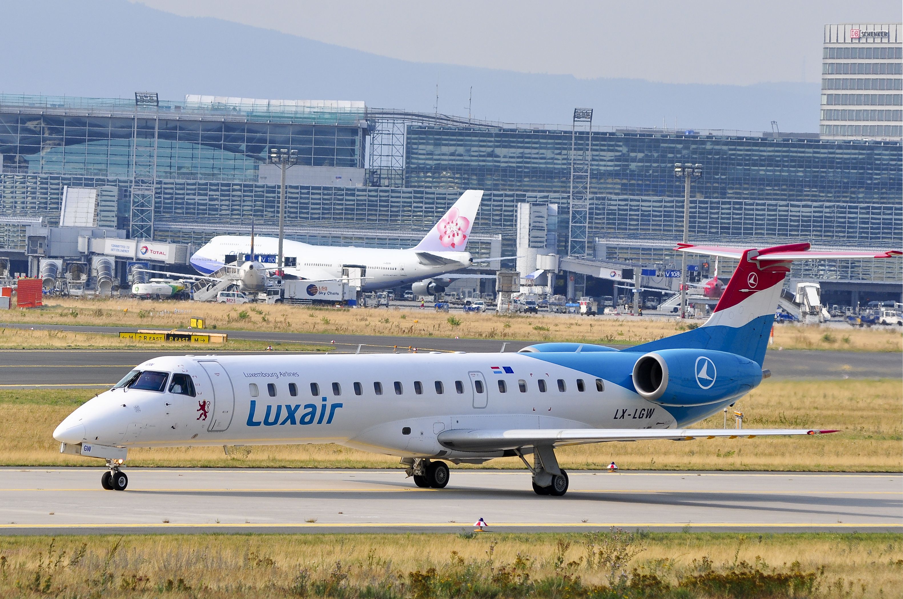 A Luxair Embraer ERJ-145 on the taxiway In Frankfurt.