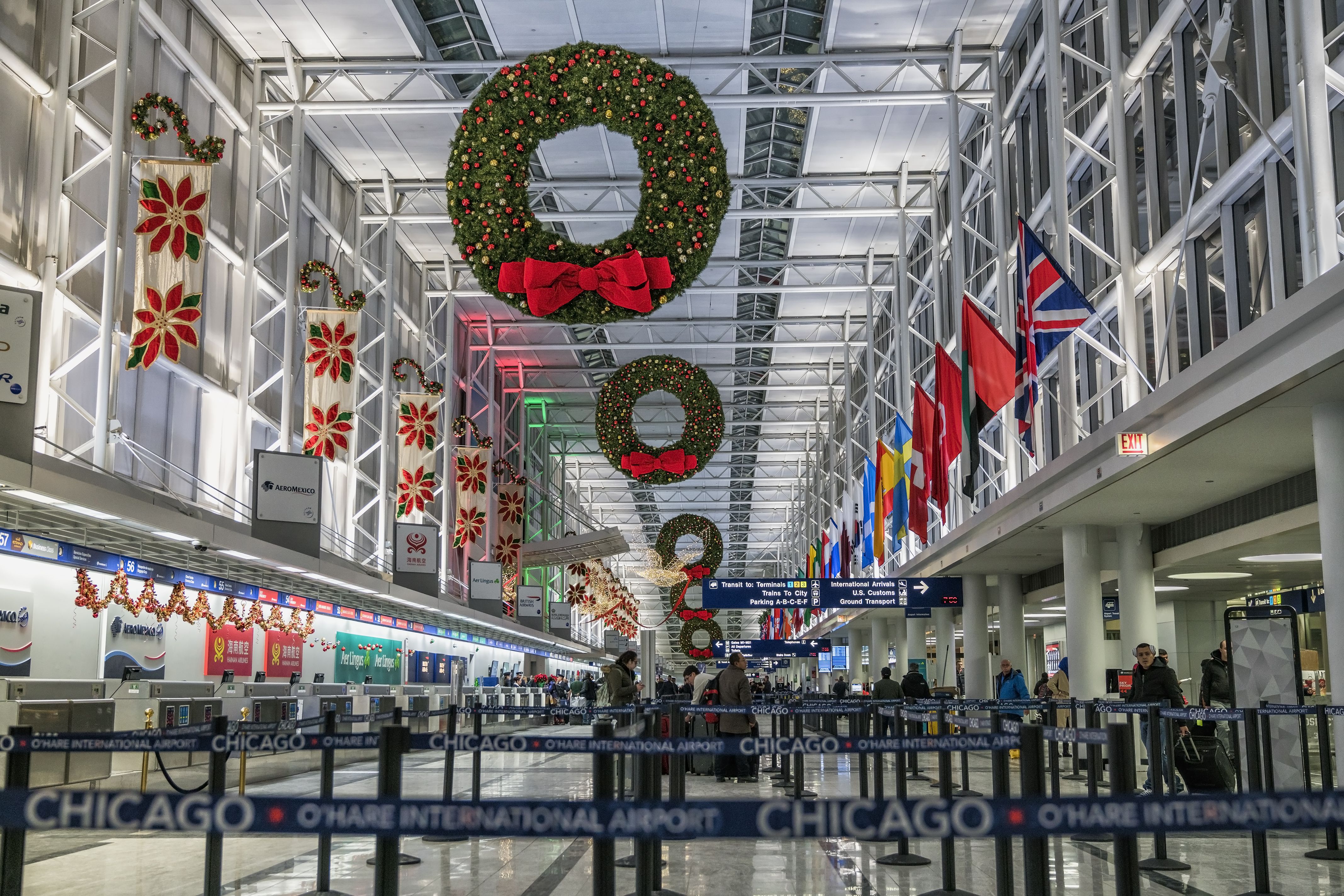 Inside the international terminal of Chicago O'Hare Airport.