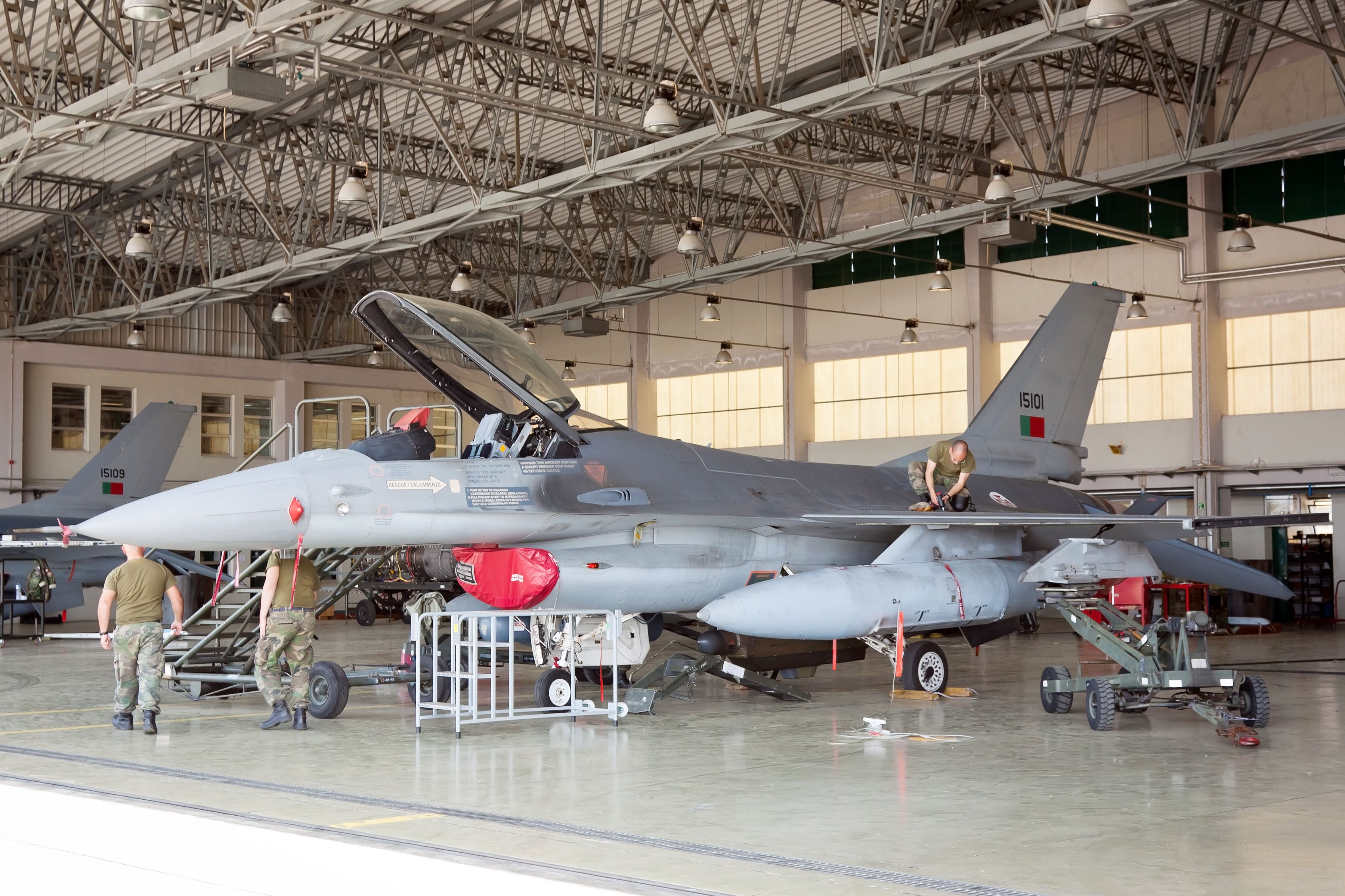 A Portuguese F-16 sits in a hangar for maintenance on April 7, 2011 in Monte Real, Portugal