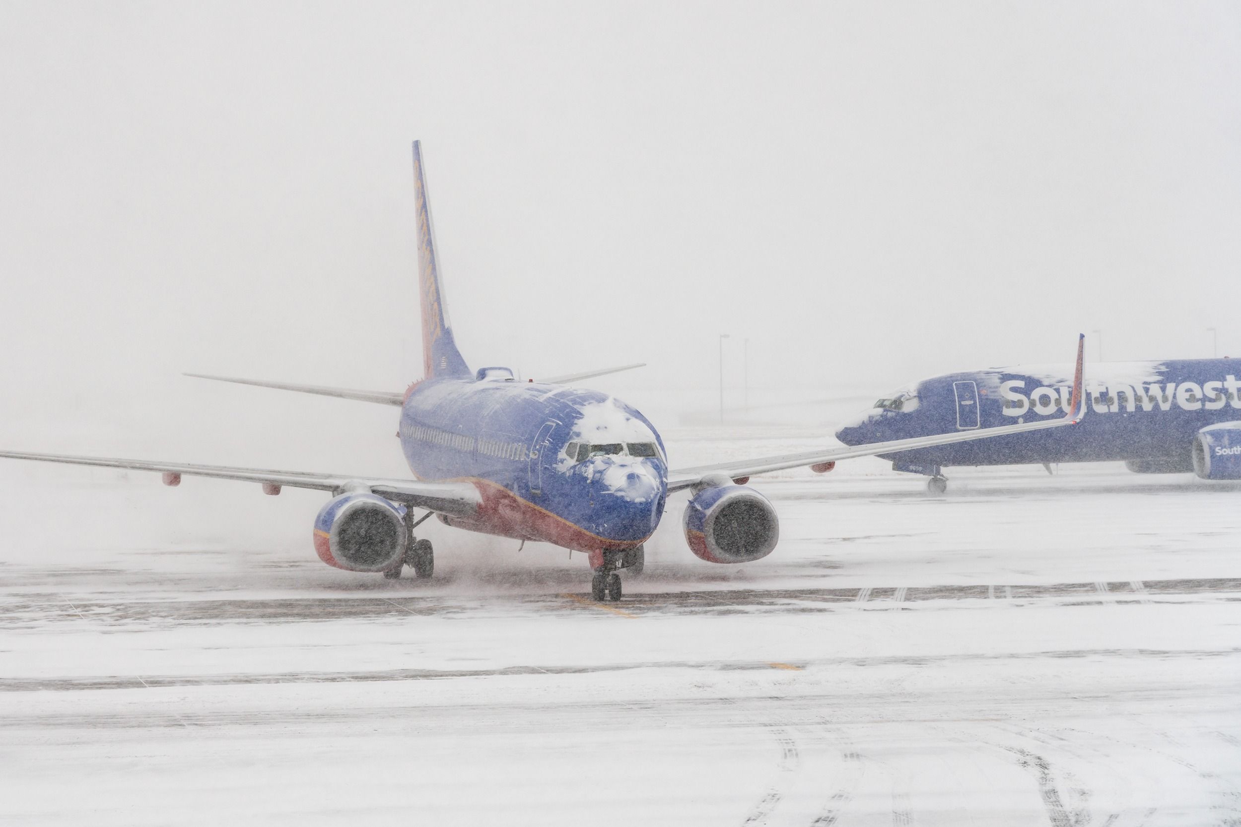 Southwest Airlines Boeing 737 aircraft during a snowstorm