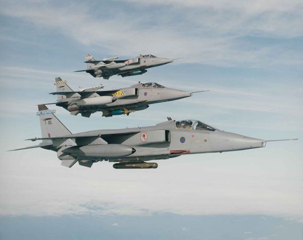 Three RAF SEPECAT Jaguars flying in formation.