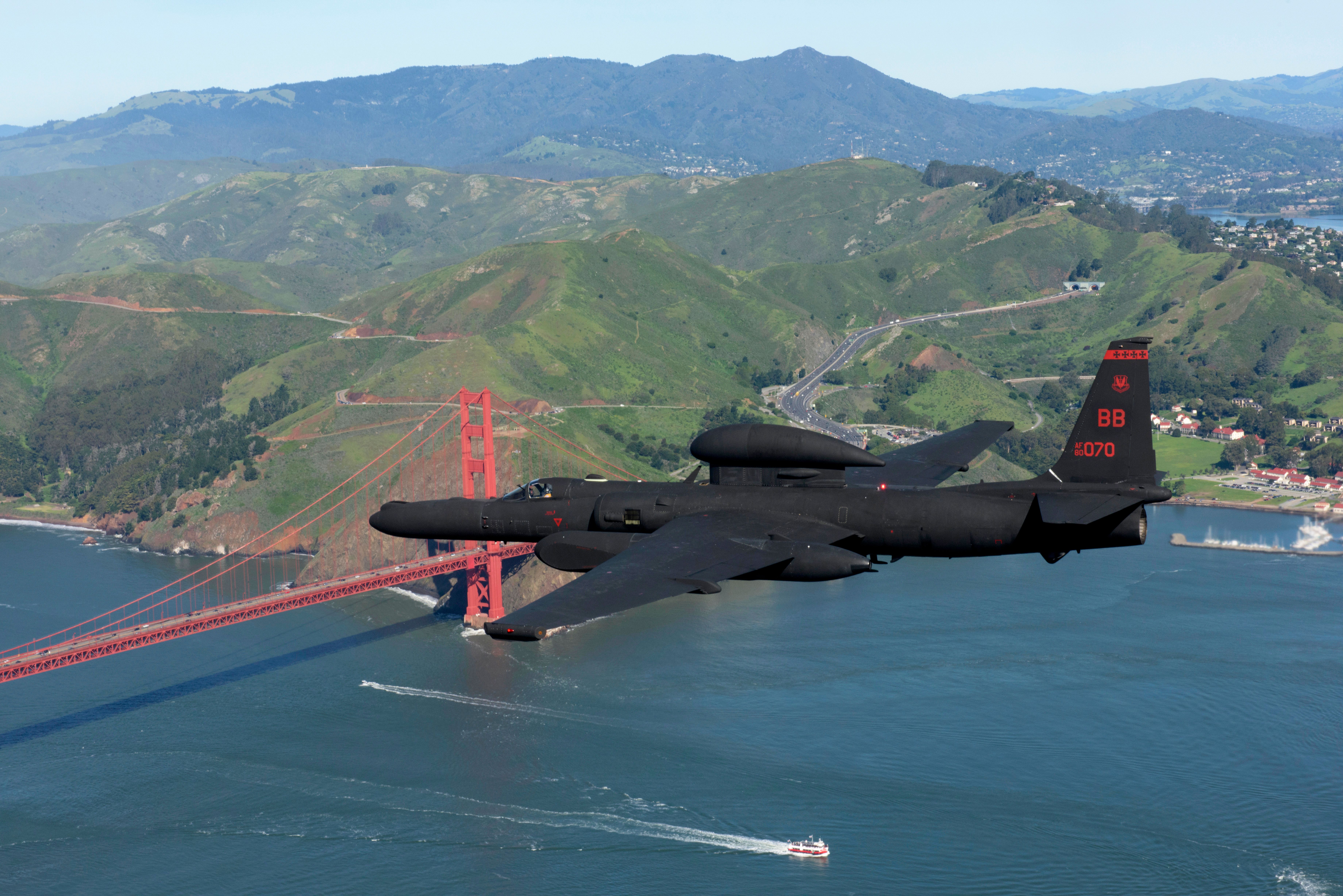 A U-2 Dragon Lady flying over the Golden Gate Bridge near San Francisco, California.