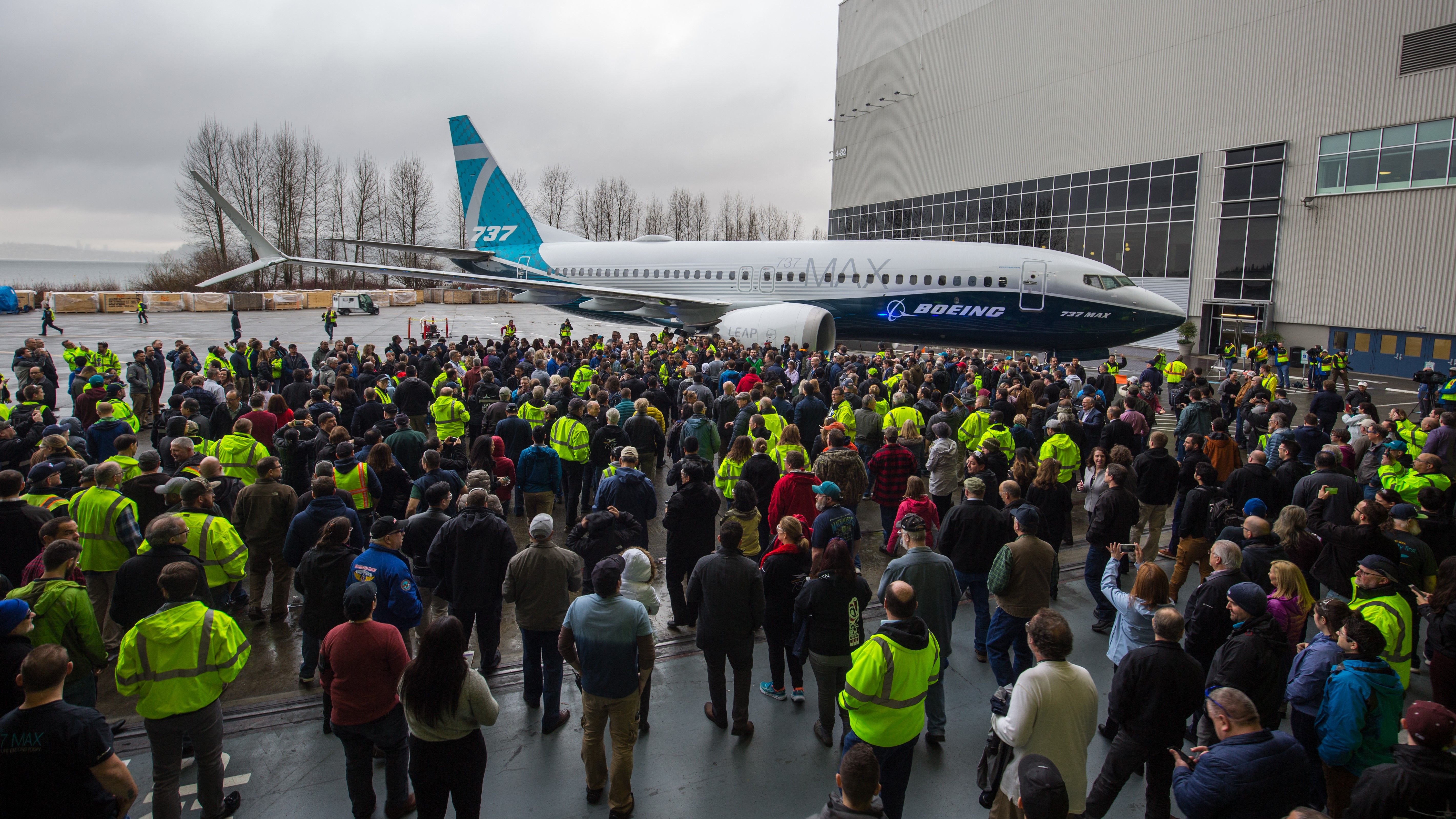 Boeing Debuts First 737 MAX 7 Boeing Debuts First 737 MAX 7 Boeing employees gather around the first 737 MAX 7 to come off the Renton, Wash. assembly line