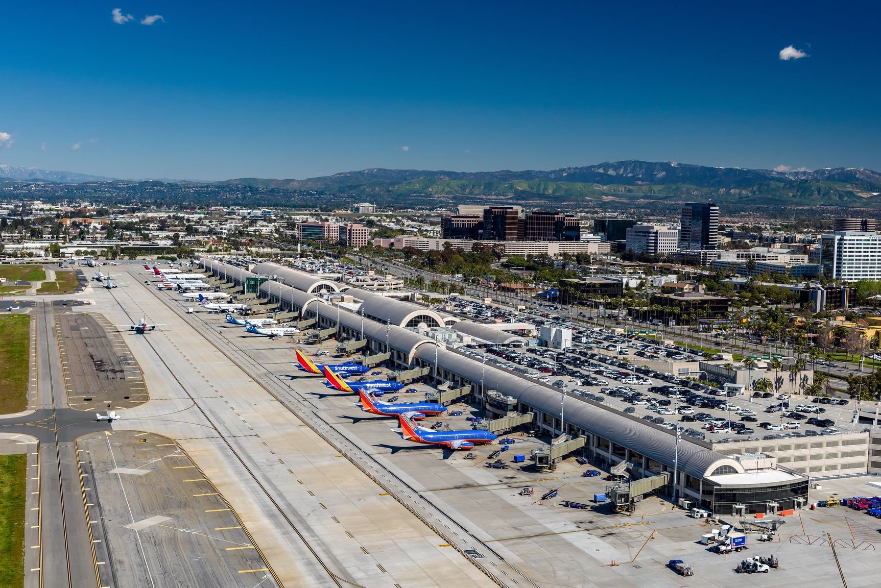 An Aerial view of the terminal buiilding at John Wayne Airport.