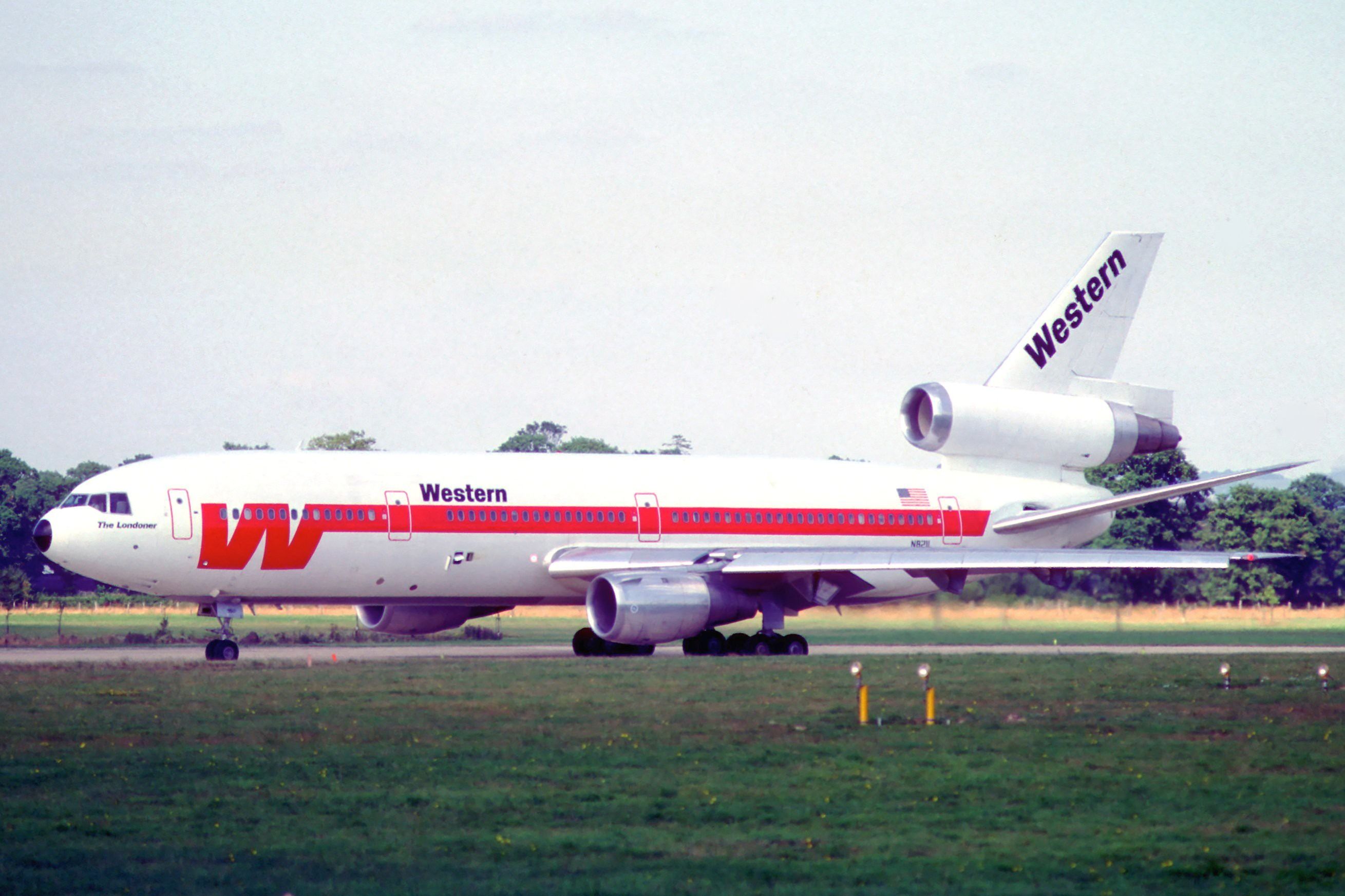 A Western Airlines DC-10-30 on an airport apron.