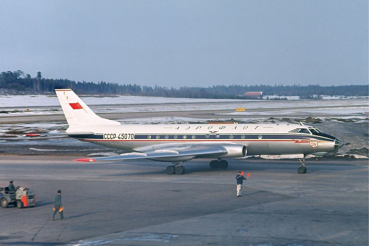 An Aeroflot Tupolev Tu-124 on the apron at Stockholm Arlanda Airport.