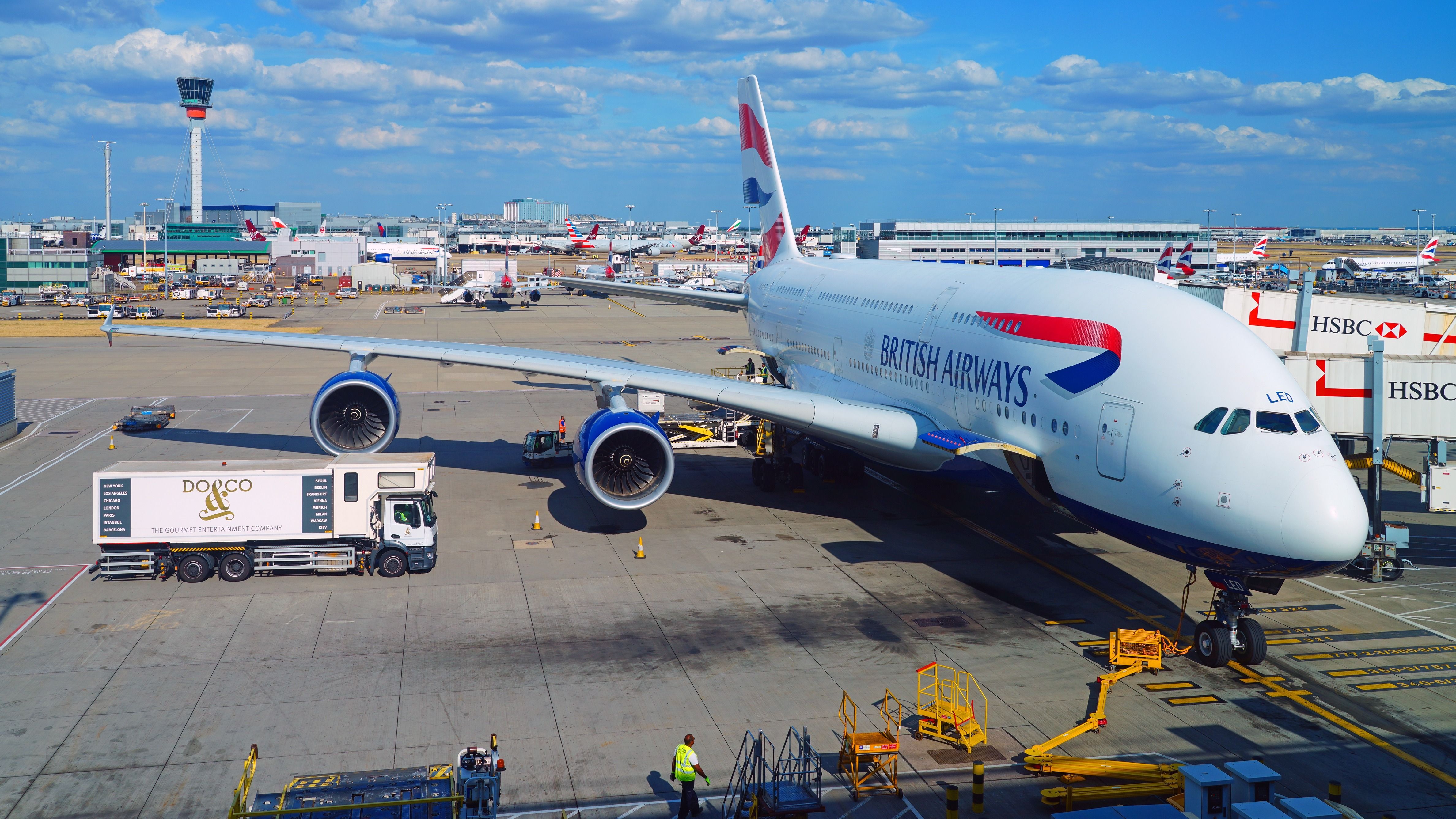 A British Airways Airbus A380 parked on stand at London Heathrow Airport.