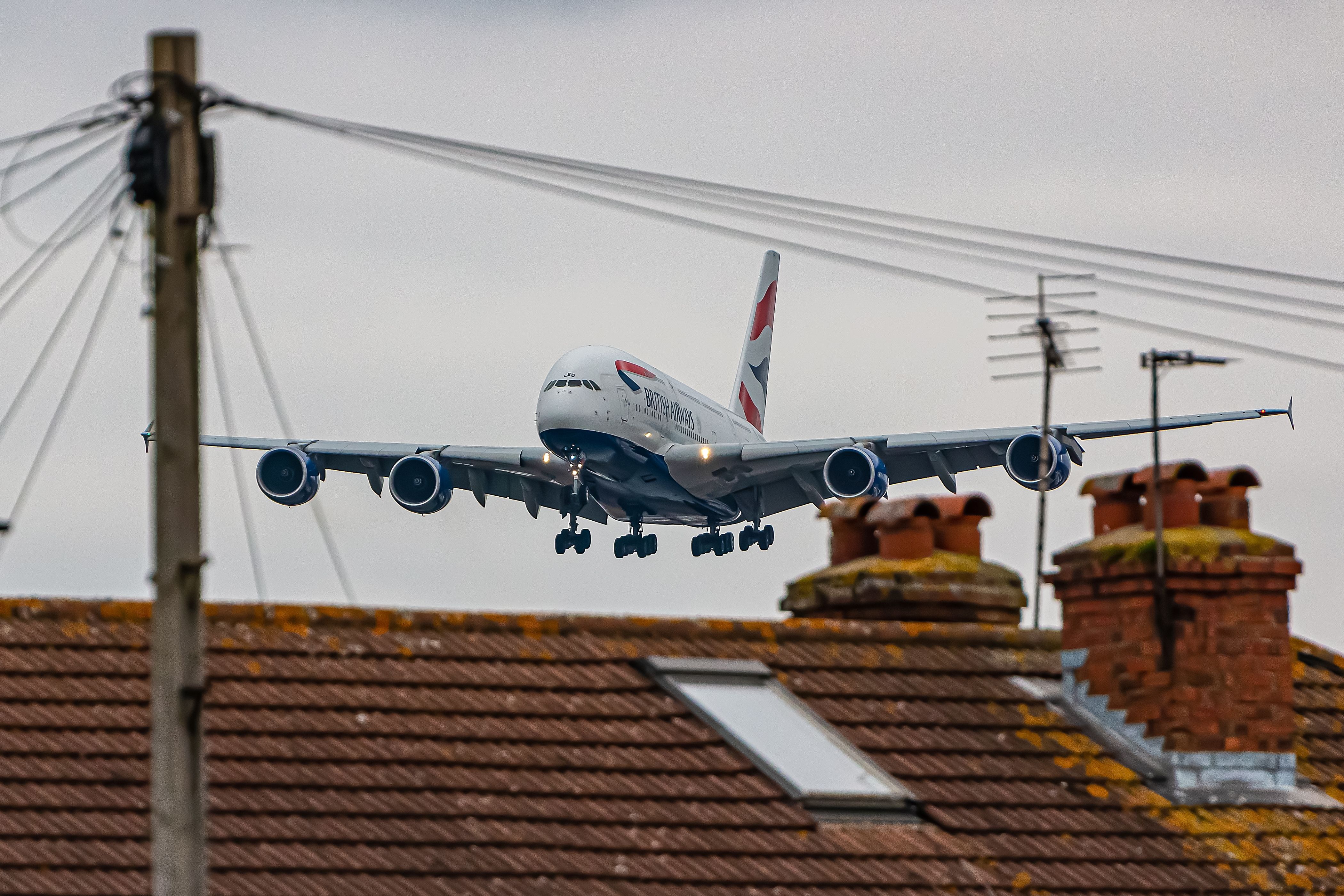 A British Airways Airbus A380 about to land at London Heathrow Airport.