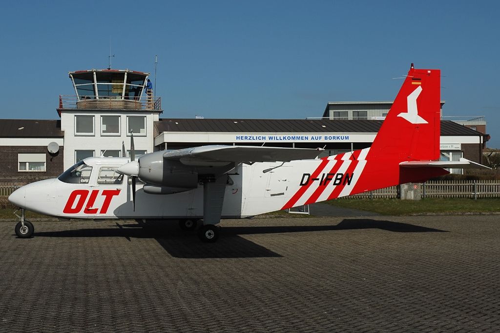 An OLT Britten-Norman Islander Parked on the airport apron in Borkum.
