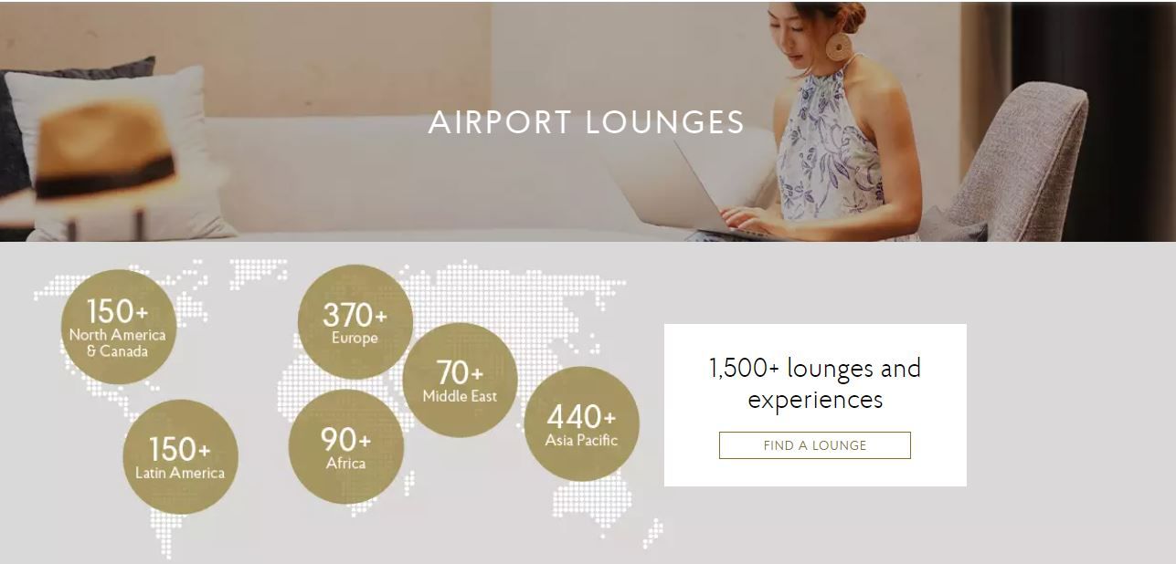 A screenshot from the Priority Pass website with a map showing how many lounges are in each region.