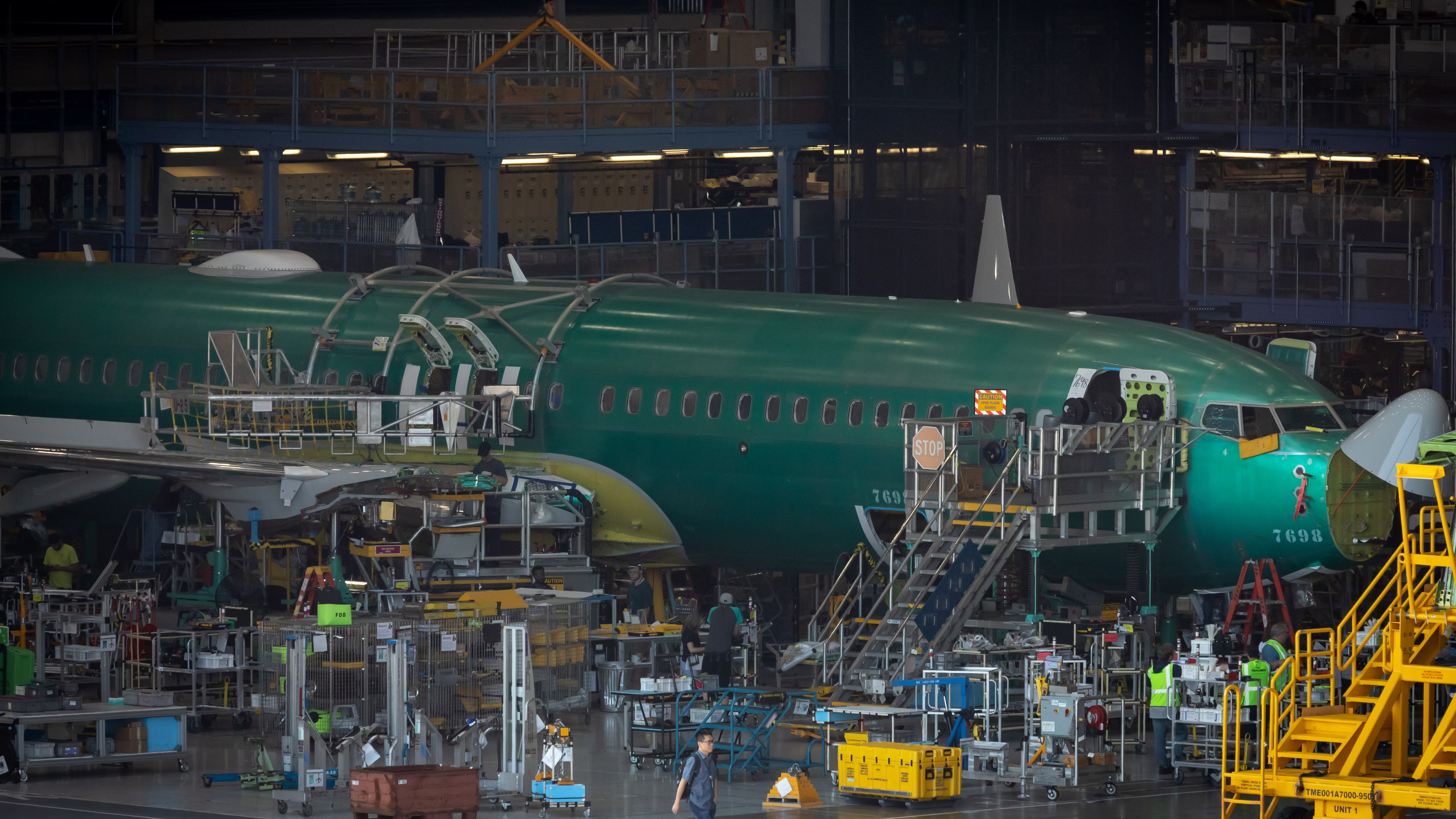 A partially built Boeing 737 MAX airliner inside the Renton factory