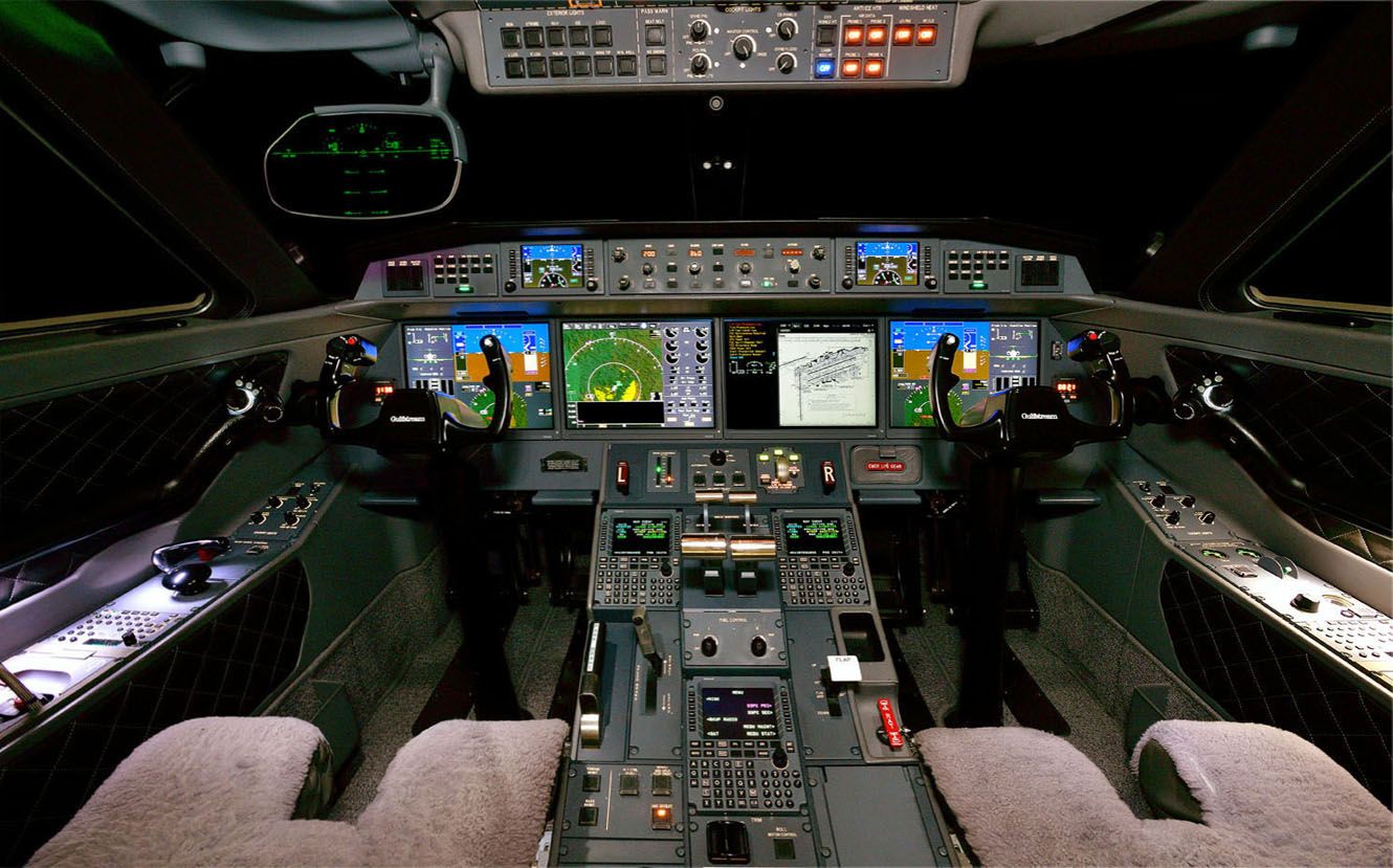 Inside the cockpit of a Gulfstream G650 .