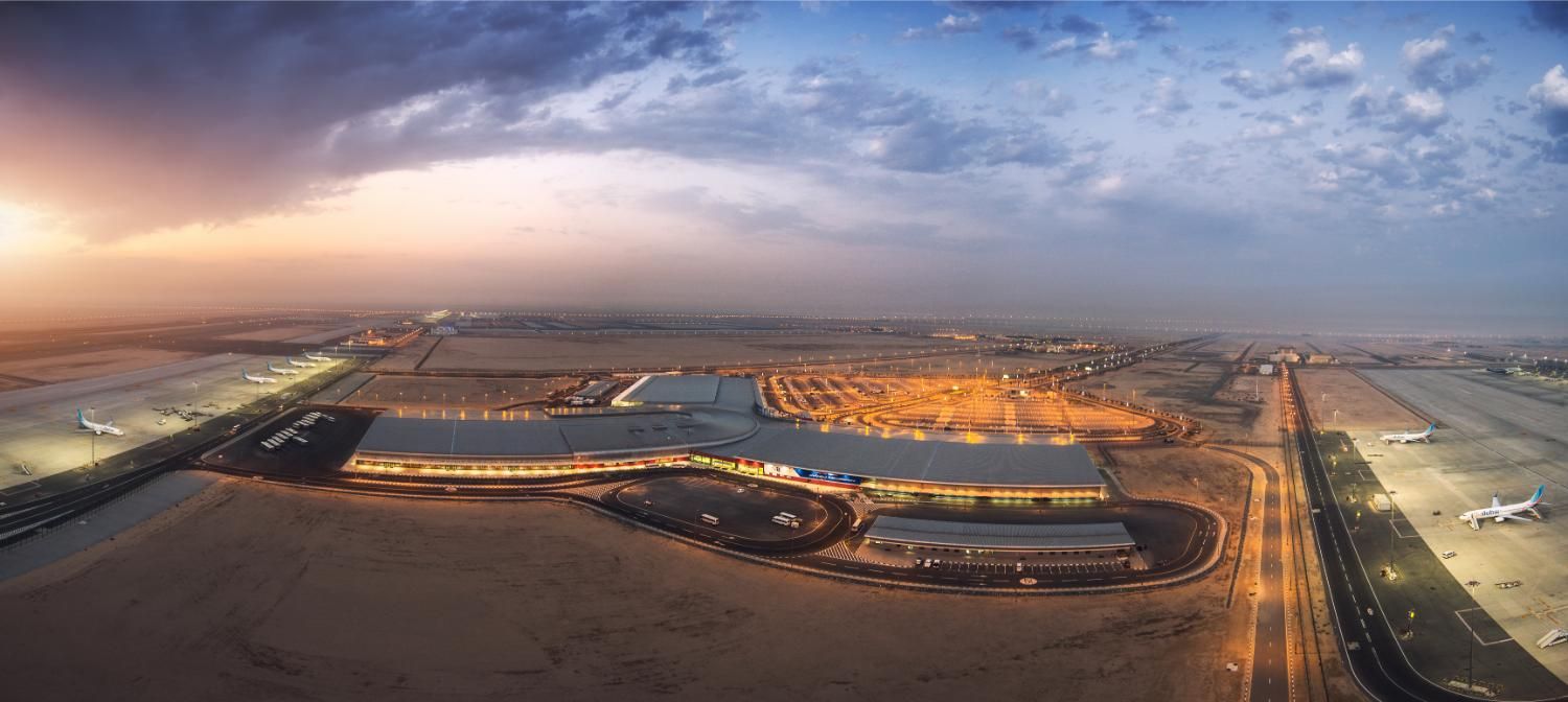 A panorama showing the passenger terminal at Dubai World Central Airport
