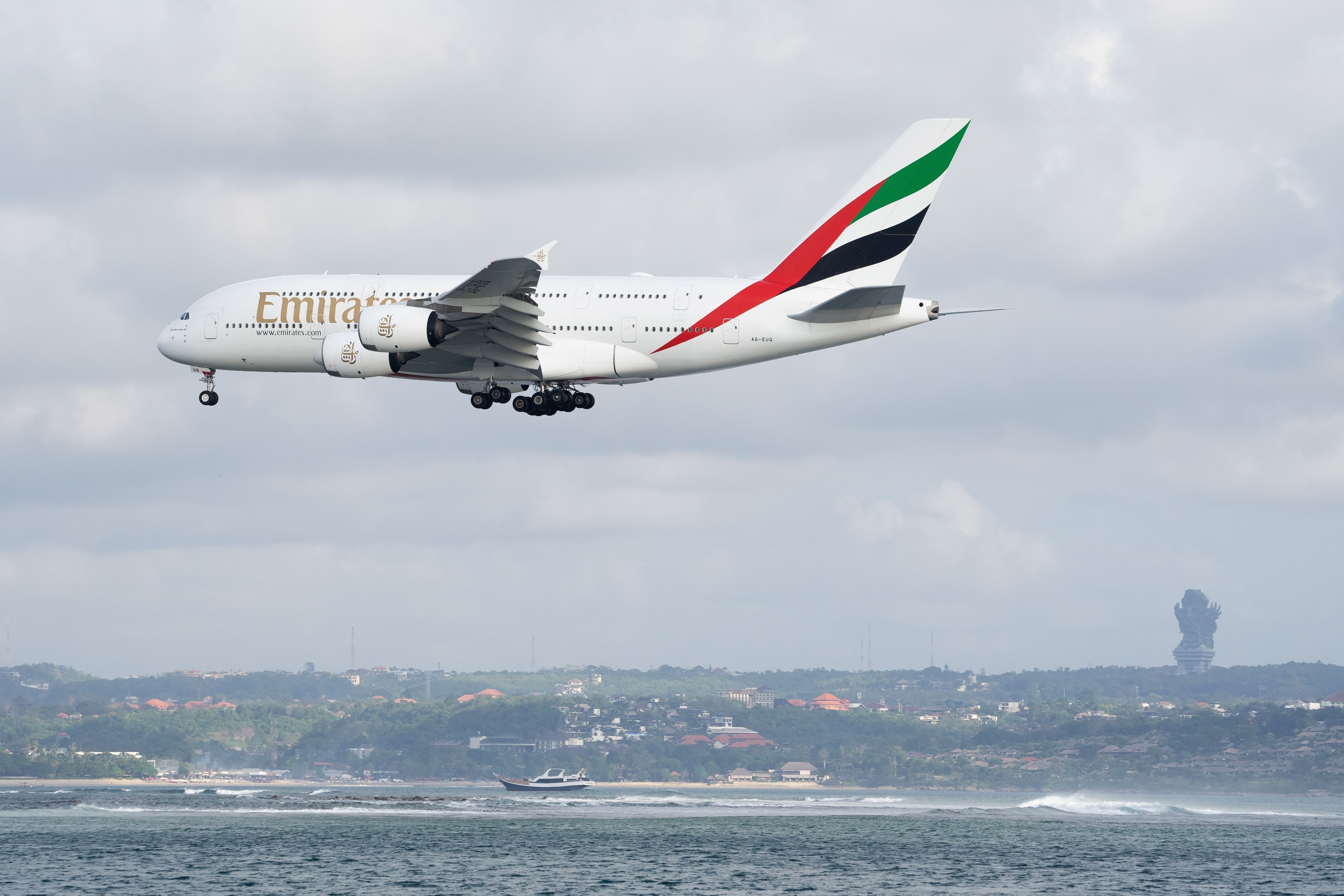 An Emirates Airbus A380 about to land at Denpasar International Airport.