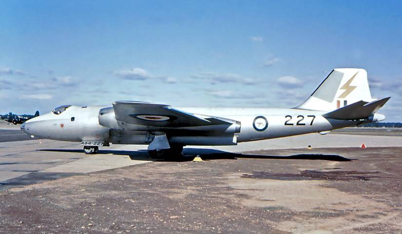 An English Electric Canberra bomber on an airfield apron.