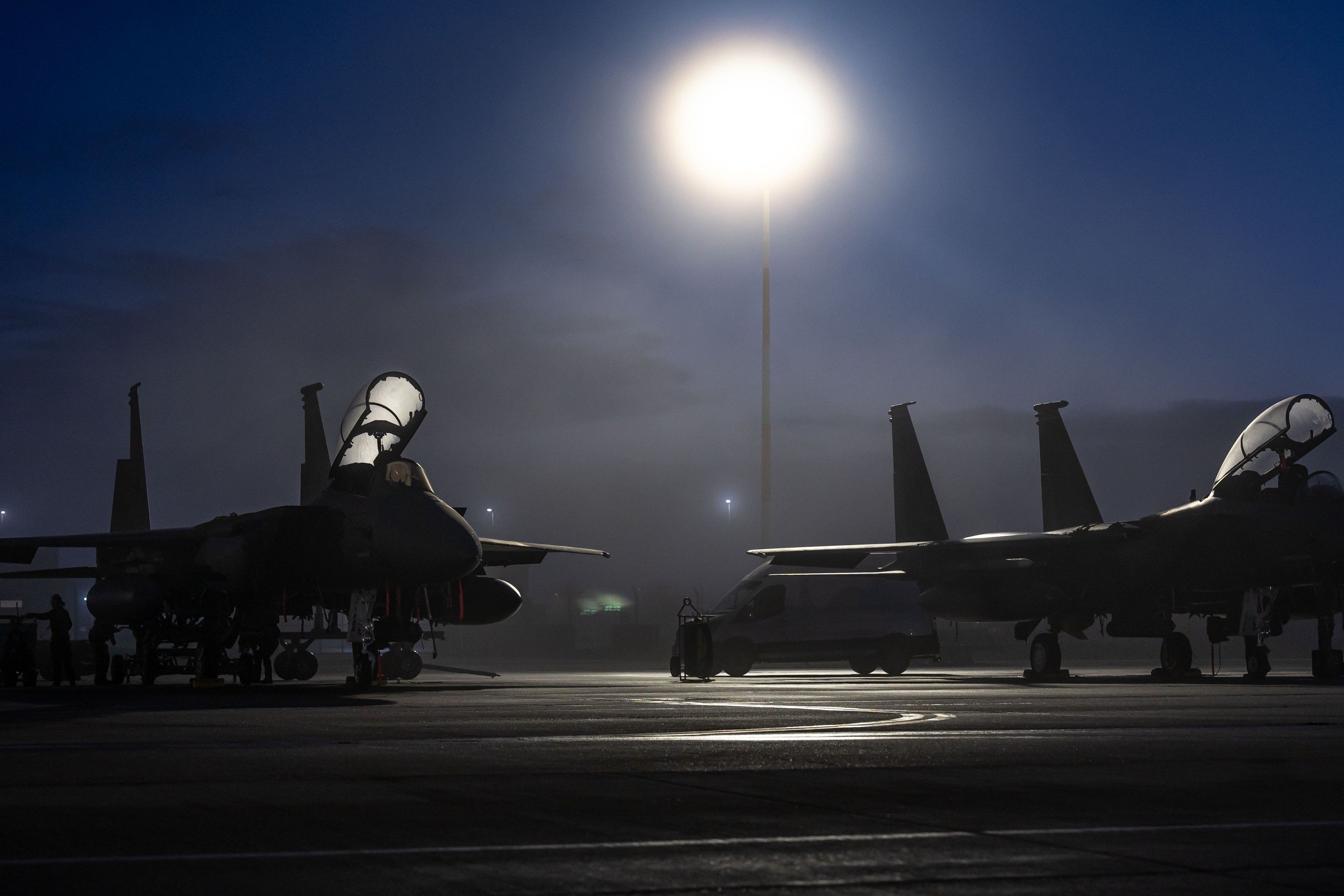 US F-15s parked at night