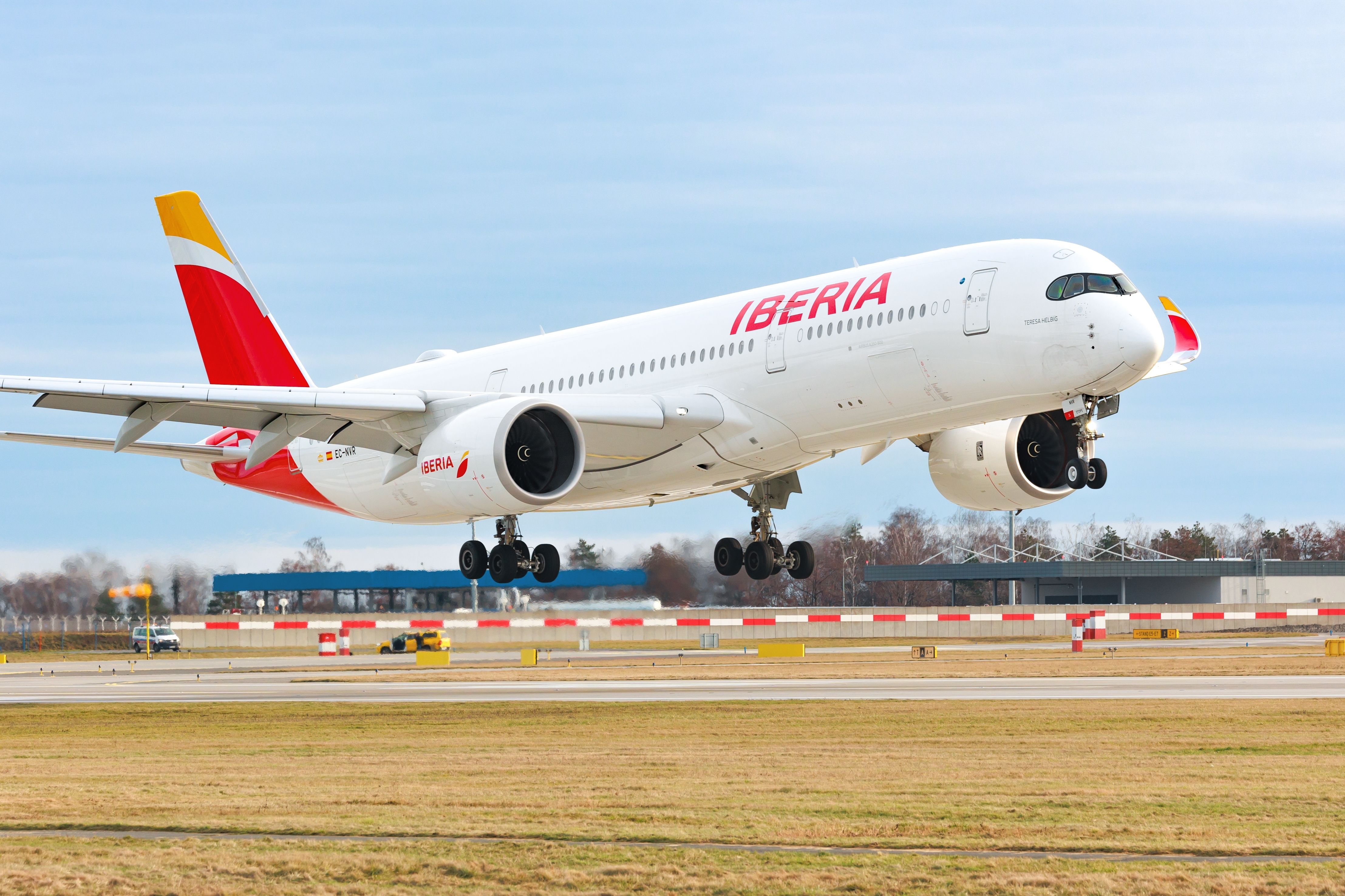 Iberia Airbus A350-900 departing Prague Airport PRG shutterstock_2249456603