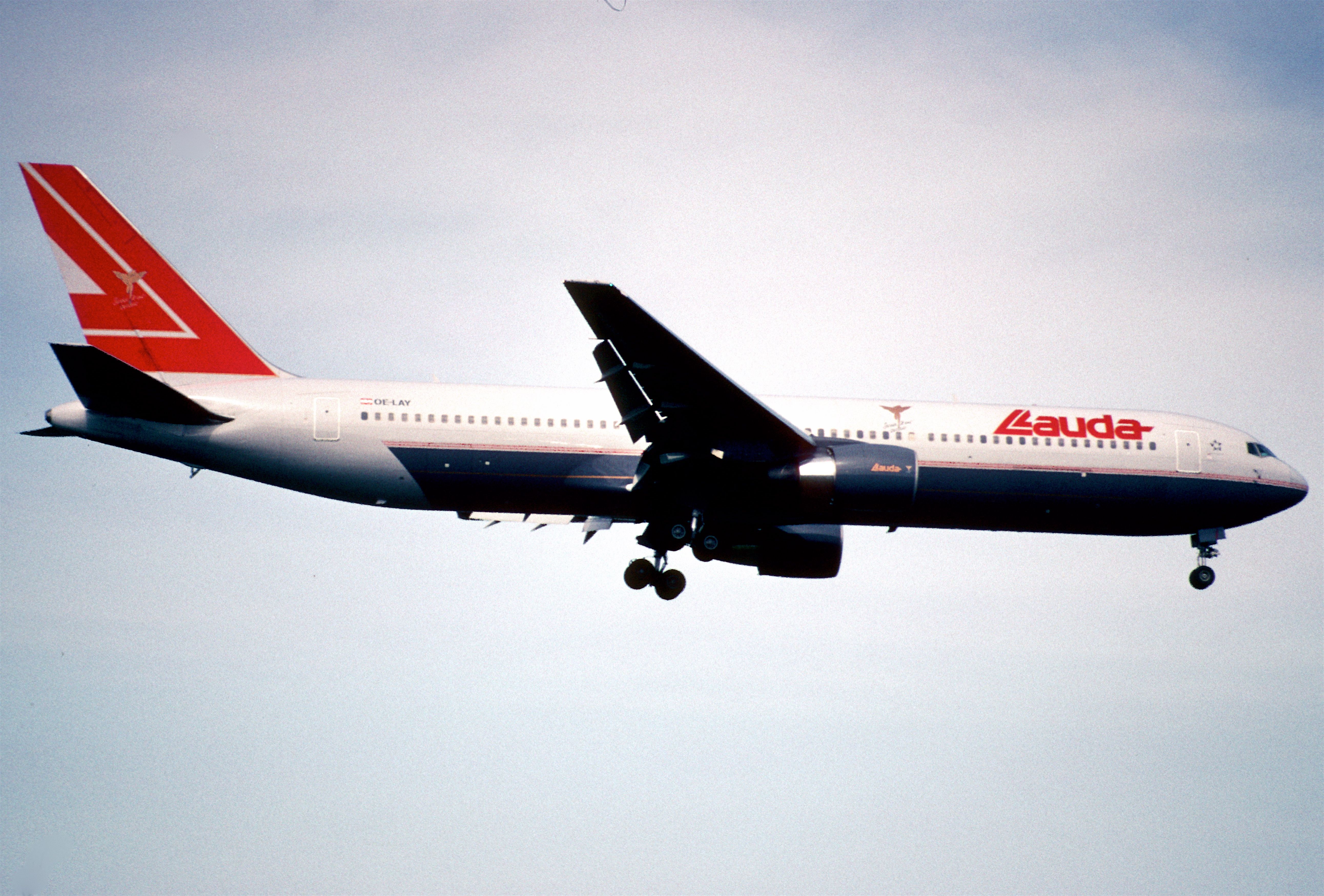 A Lauda Air Boeing 767 Flying in the sky.