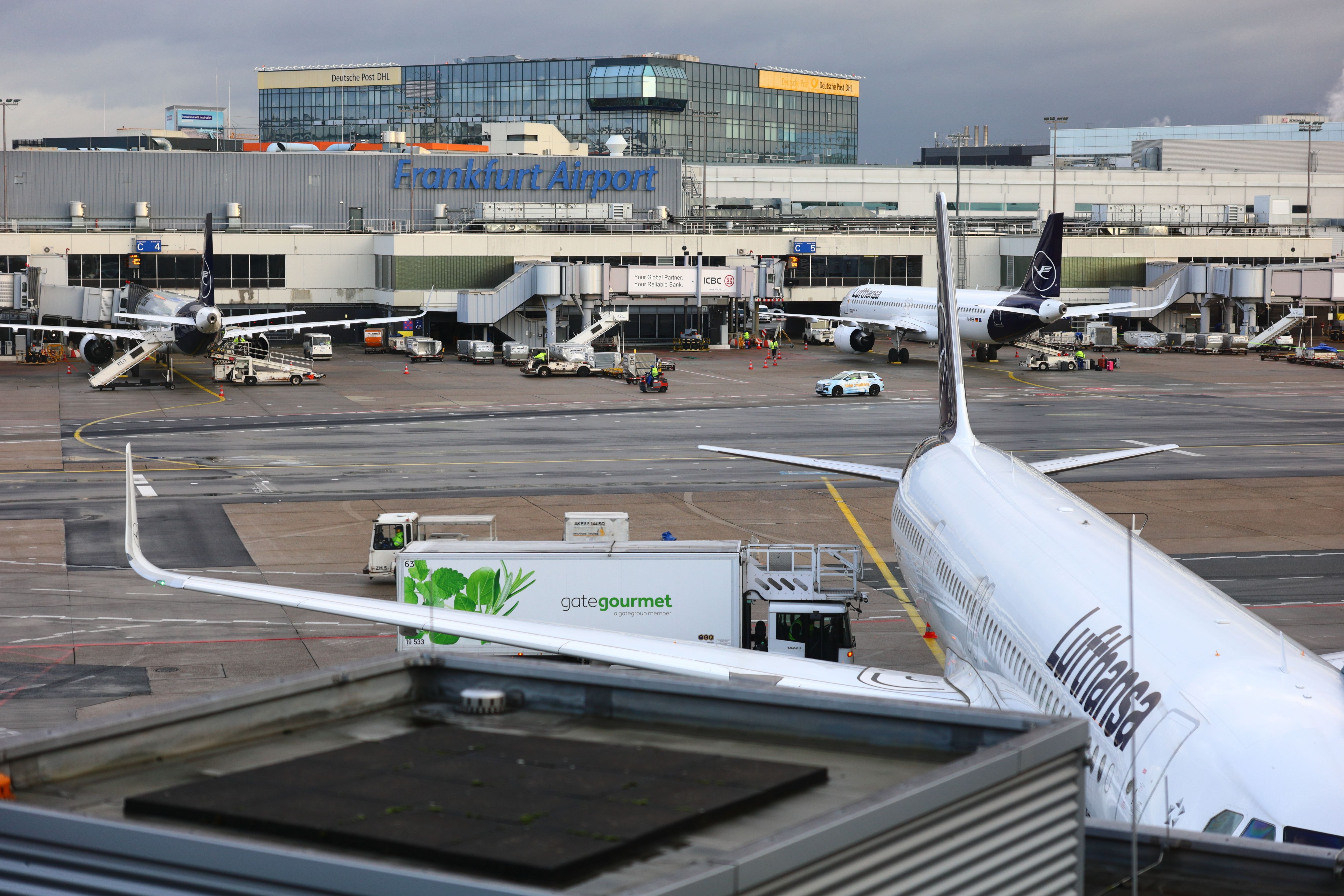 Several Lufthansa aircraft parked at gates on the apron at Frankfurt Airport.