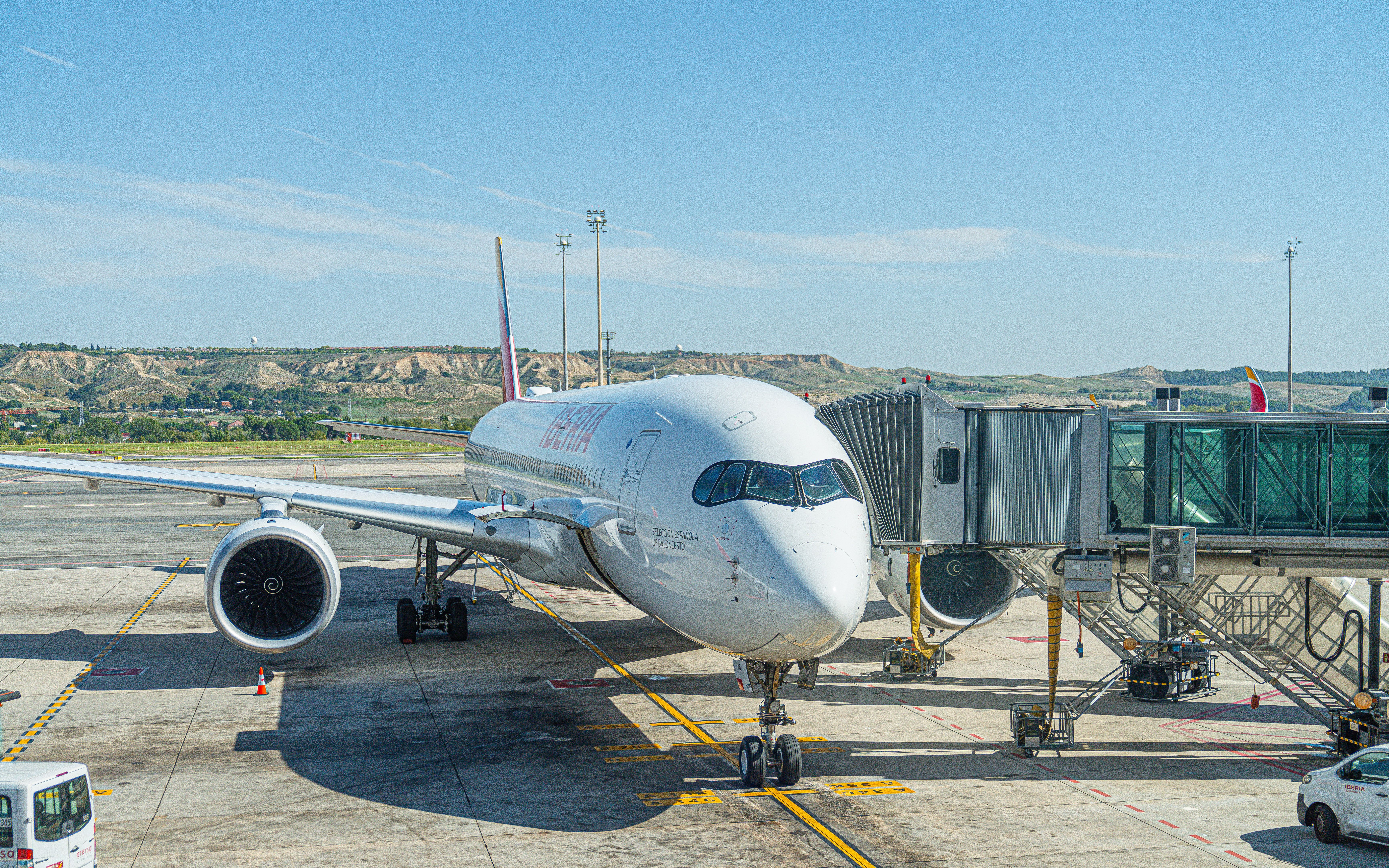An Iberia Aircraft on the apron parked at a gate.