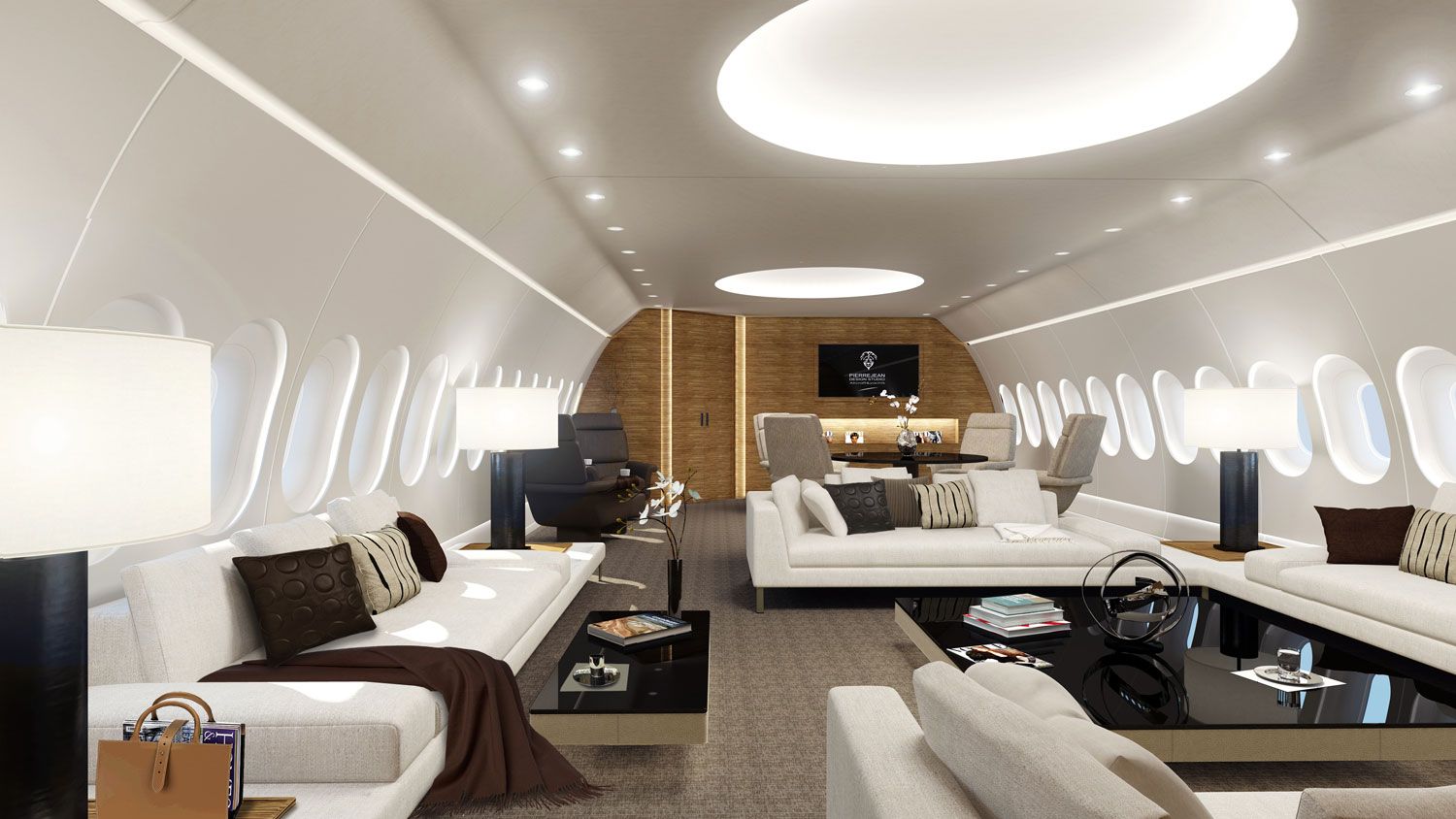 Inside the lounge area of a Boeing 787 BBJ.