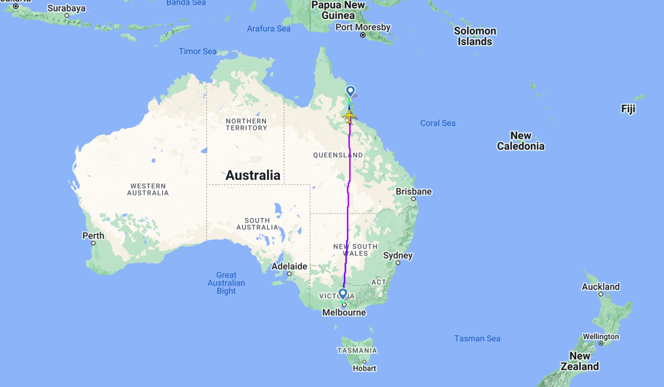 Qantas Melbourne - Cairns flight map