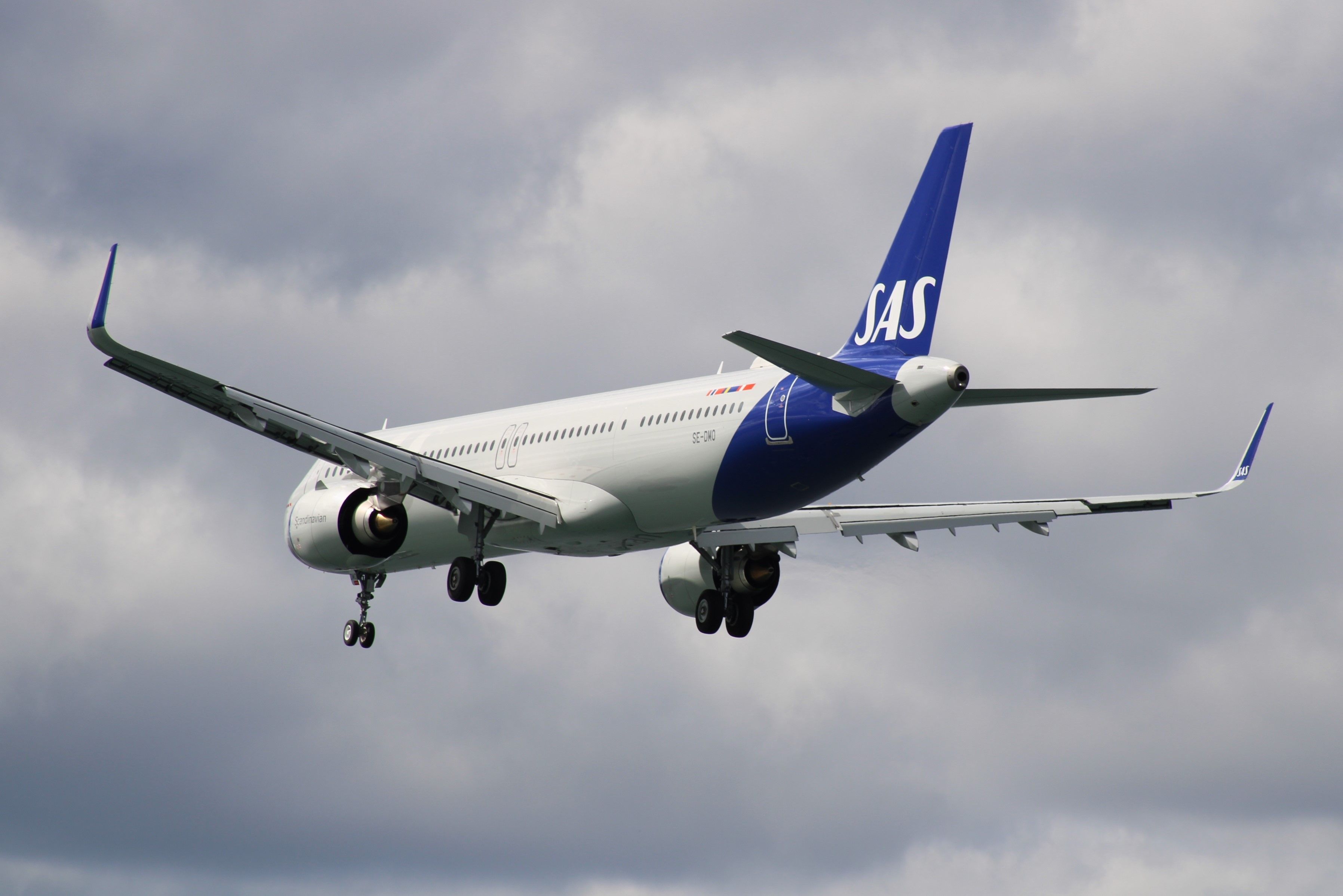 An SAS Airbus A321neo flying in the sky.