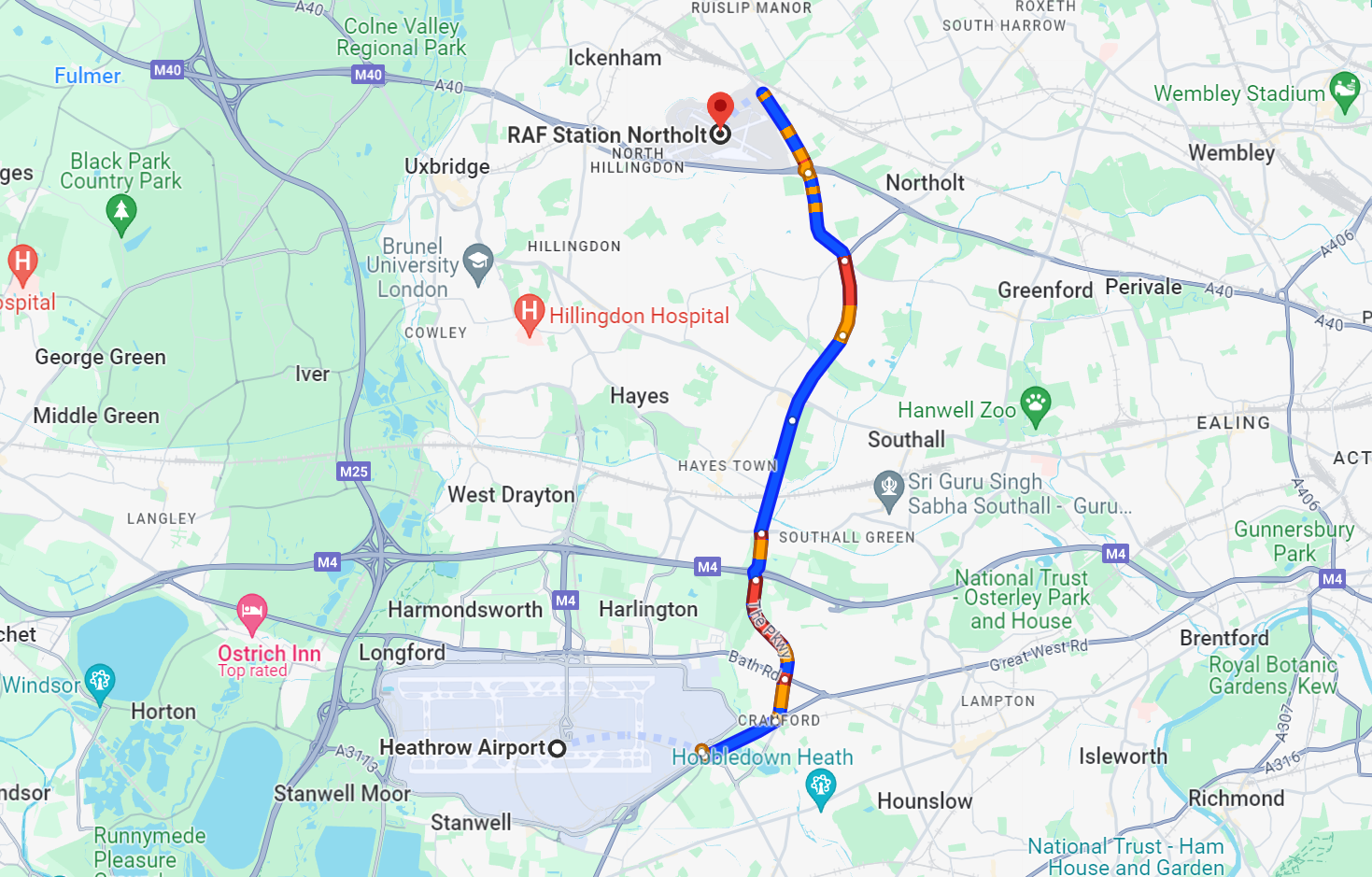 A map showing the drive from London Heathrow Airport to RAF Northolt.
