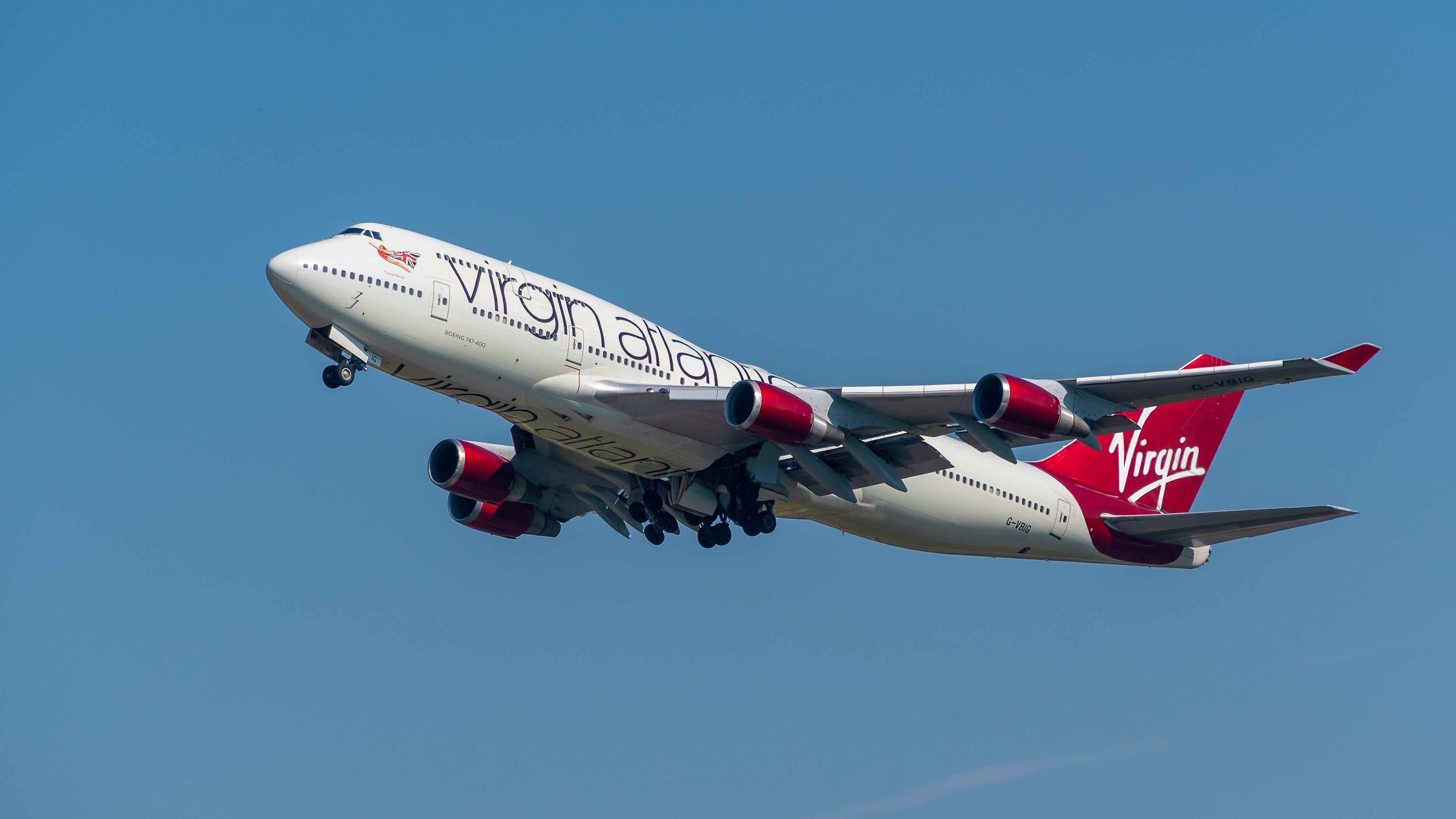 Virgin Atlantic Boeing 747-400 taking off from Manchester Airport.