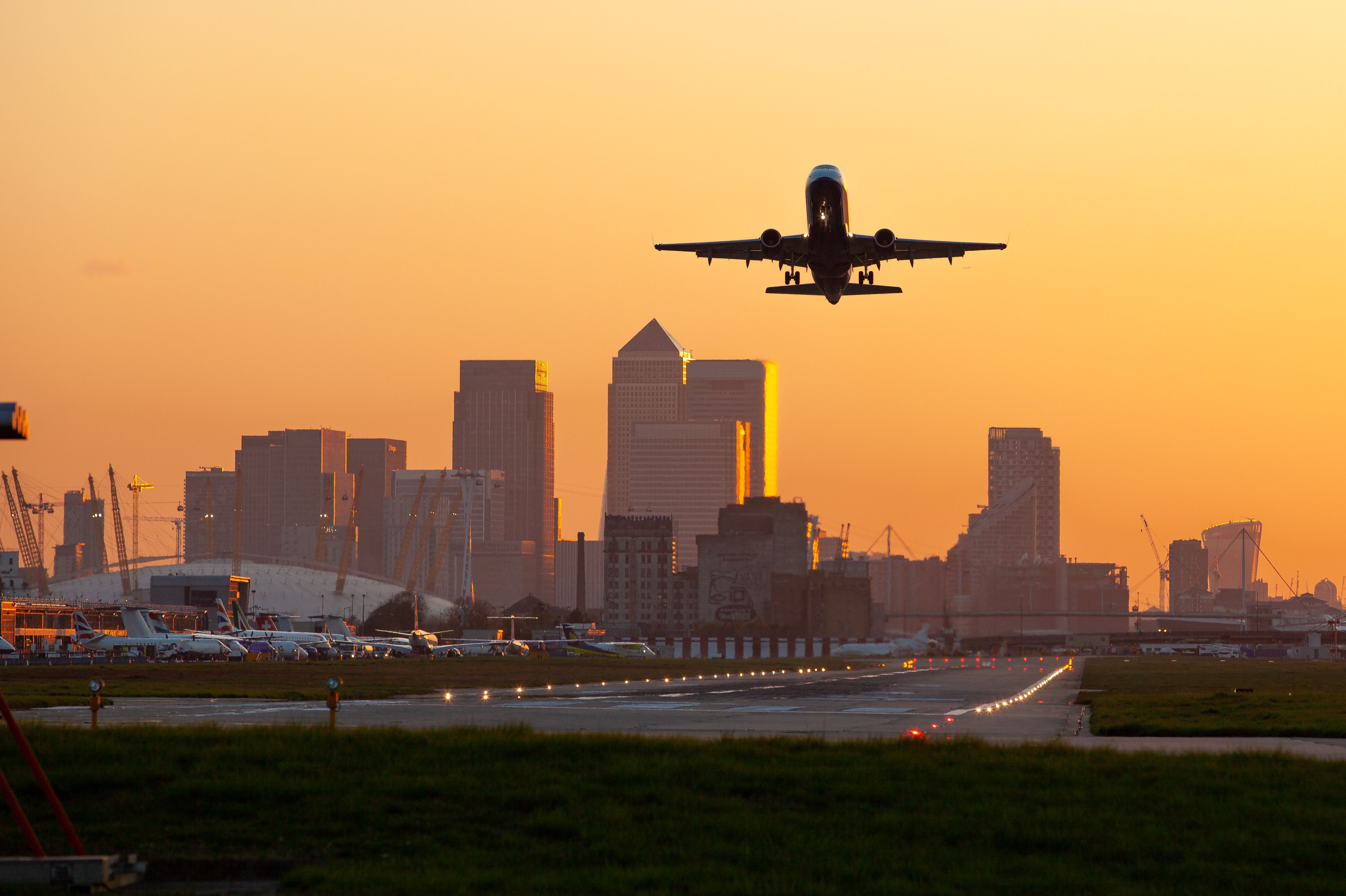 An aircraft departing from London City Airport.