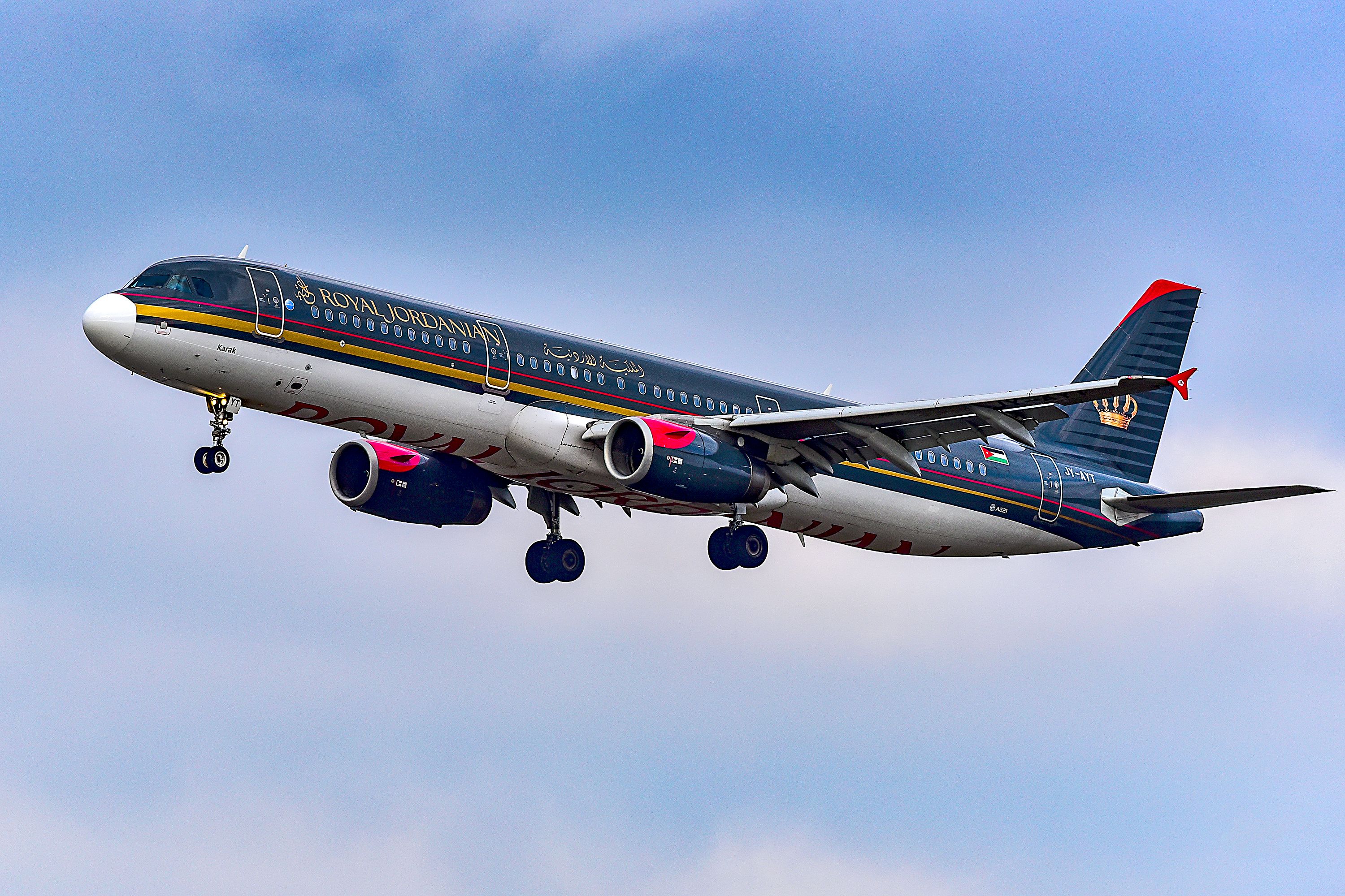 A Royal Jordanian Airbus A321 Flying in the sky.