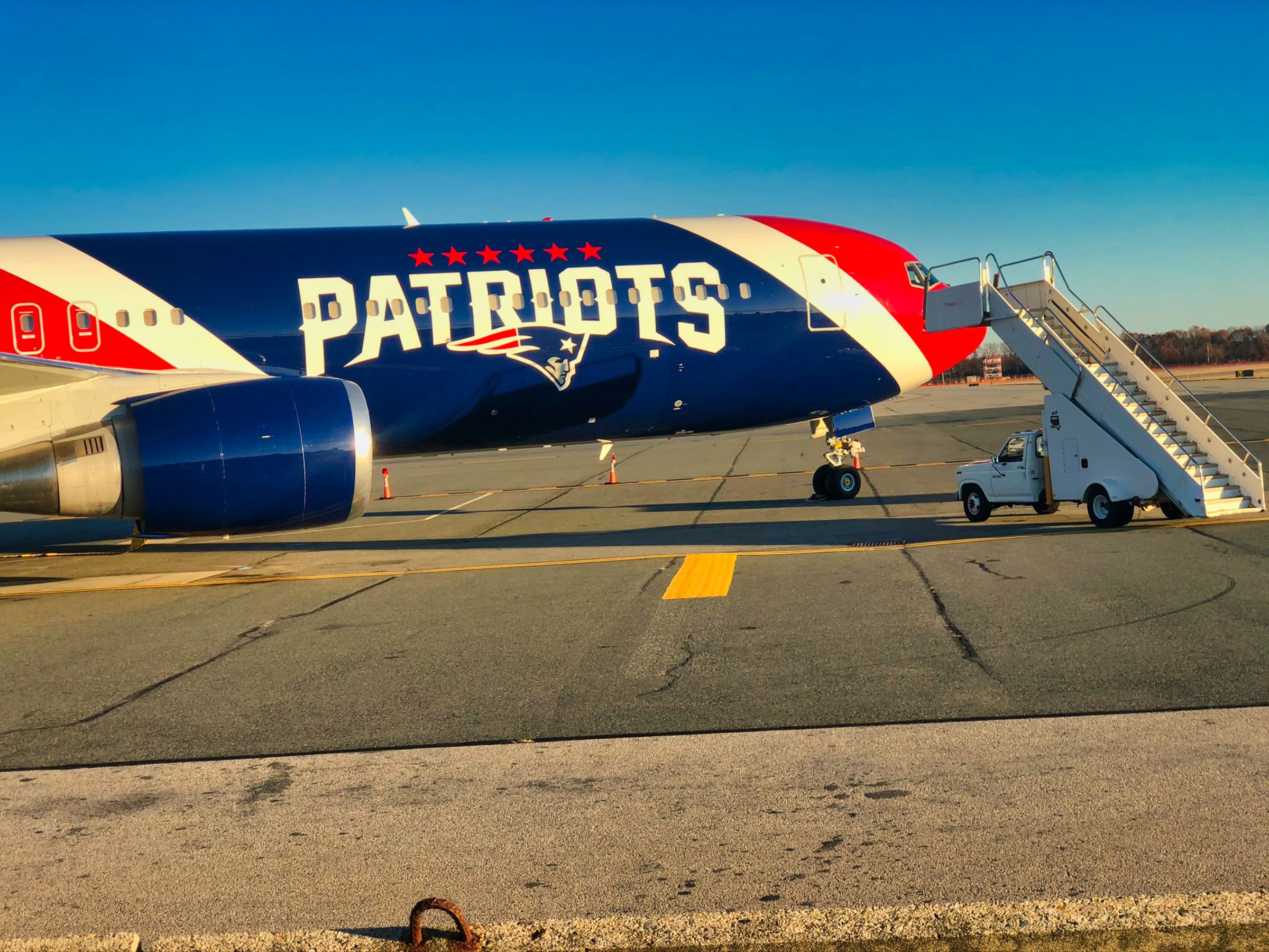 The New England Patriots private 767-300 parked at TF Green Airport.