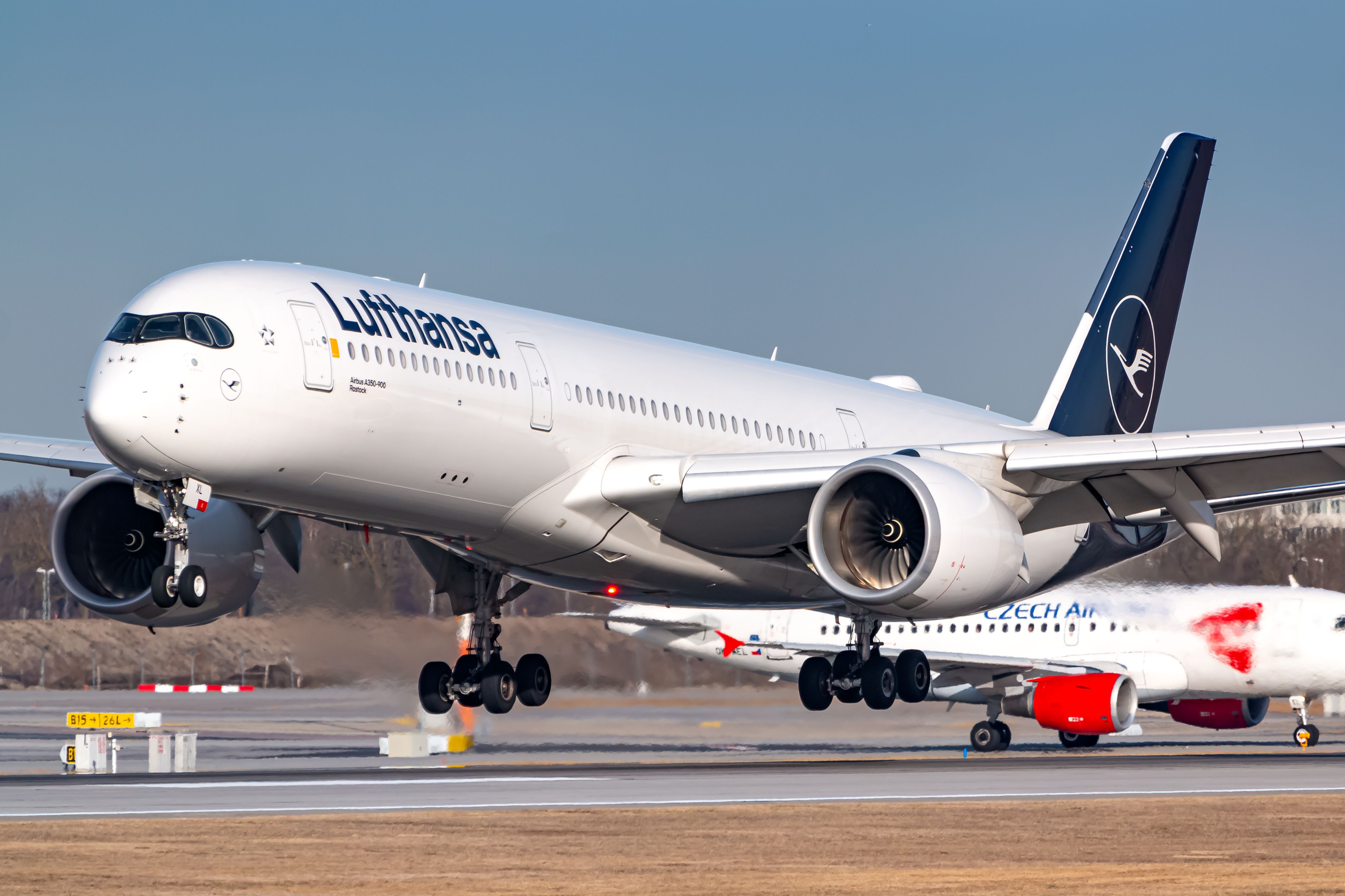Lufthansa Airbus A350 airplane at Munich airport (MUC) in Germany