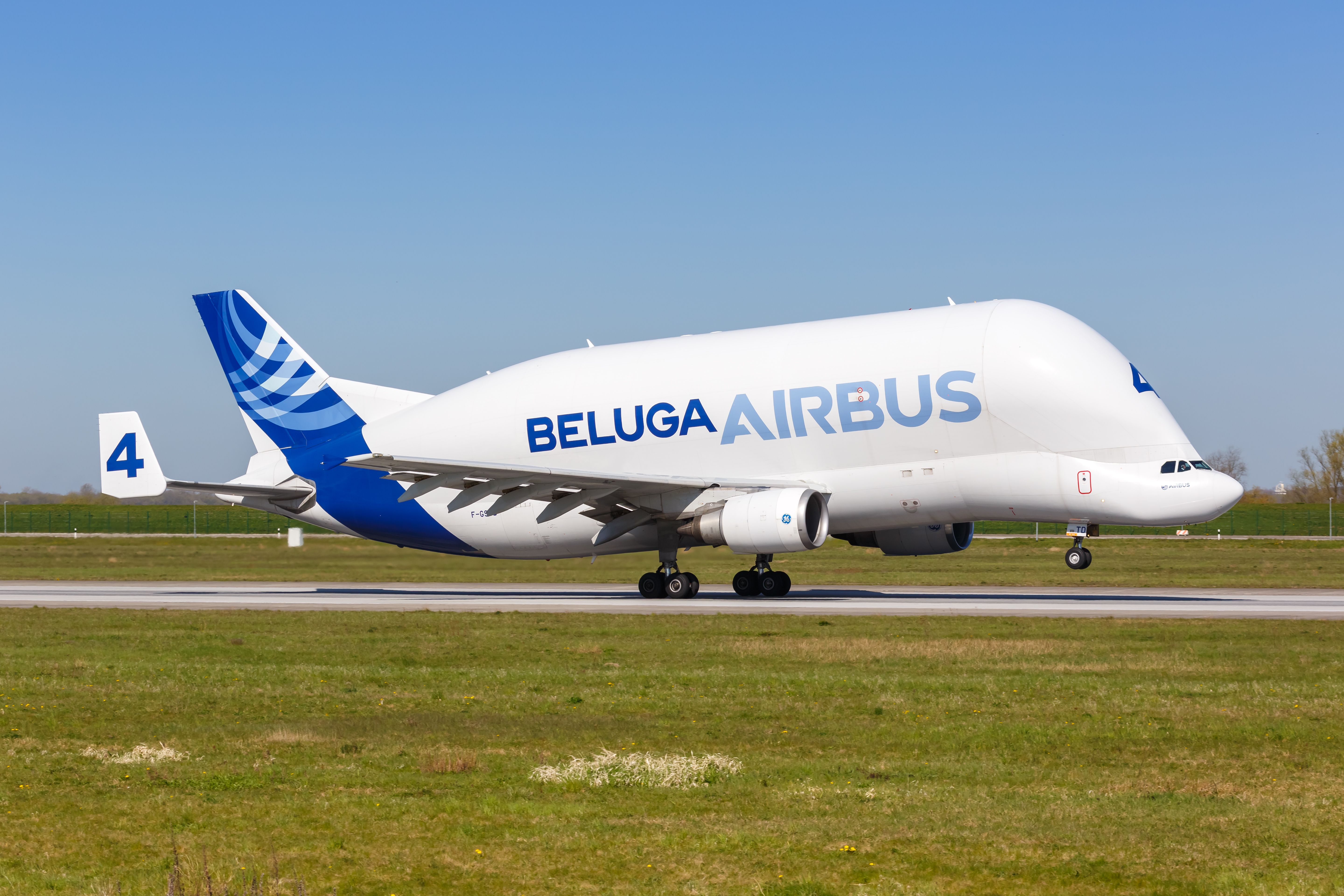 Airbus Beluga Super Transporter A300B4 airplane at Hamburg Finkenwerder airport (XFW) in Germany.