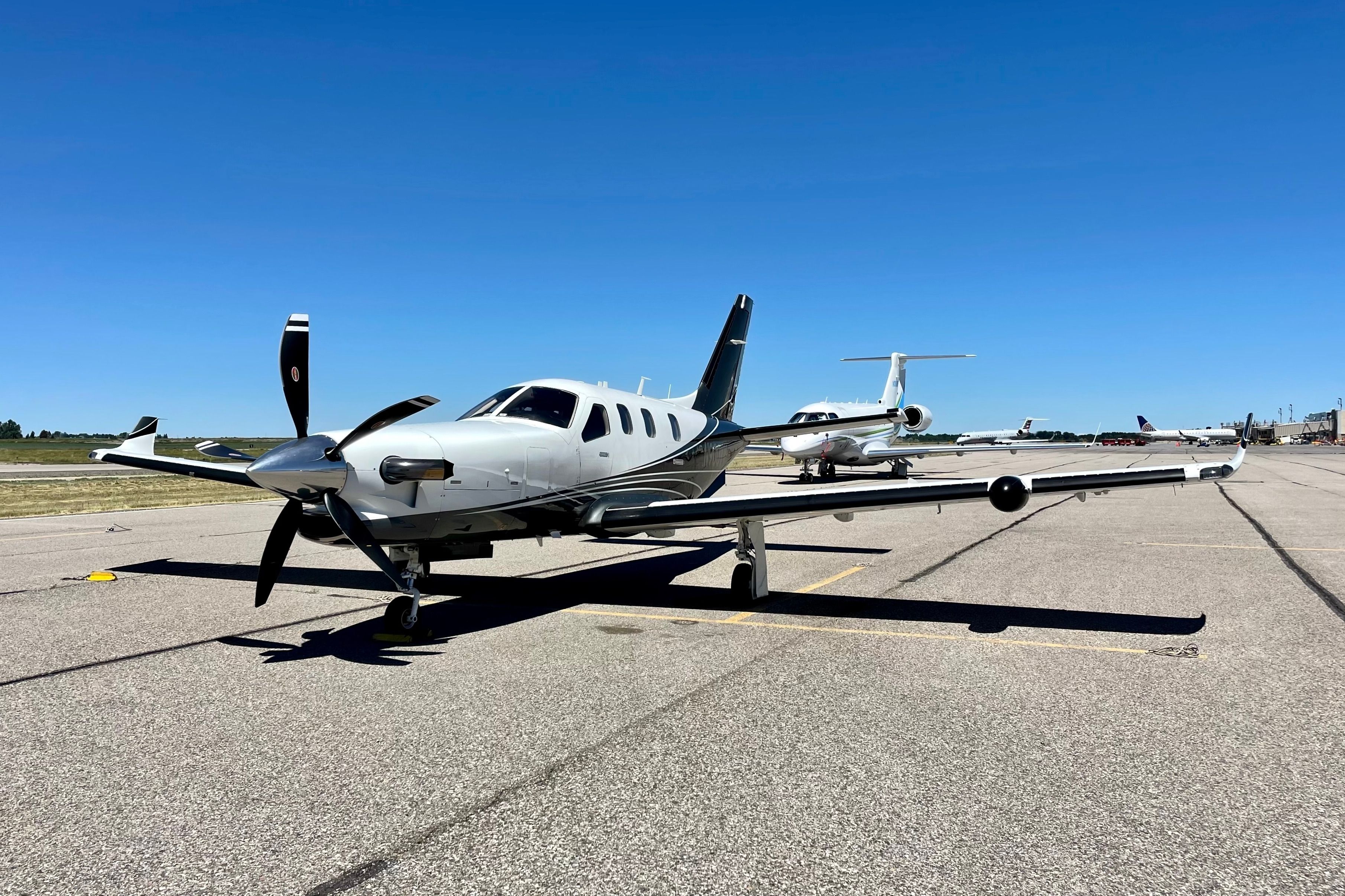 A French-built SOCATA TBM-900 parked on the apron at Idaho Falls Regional Airport.