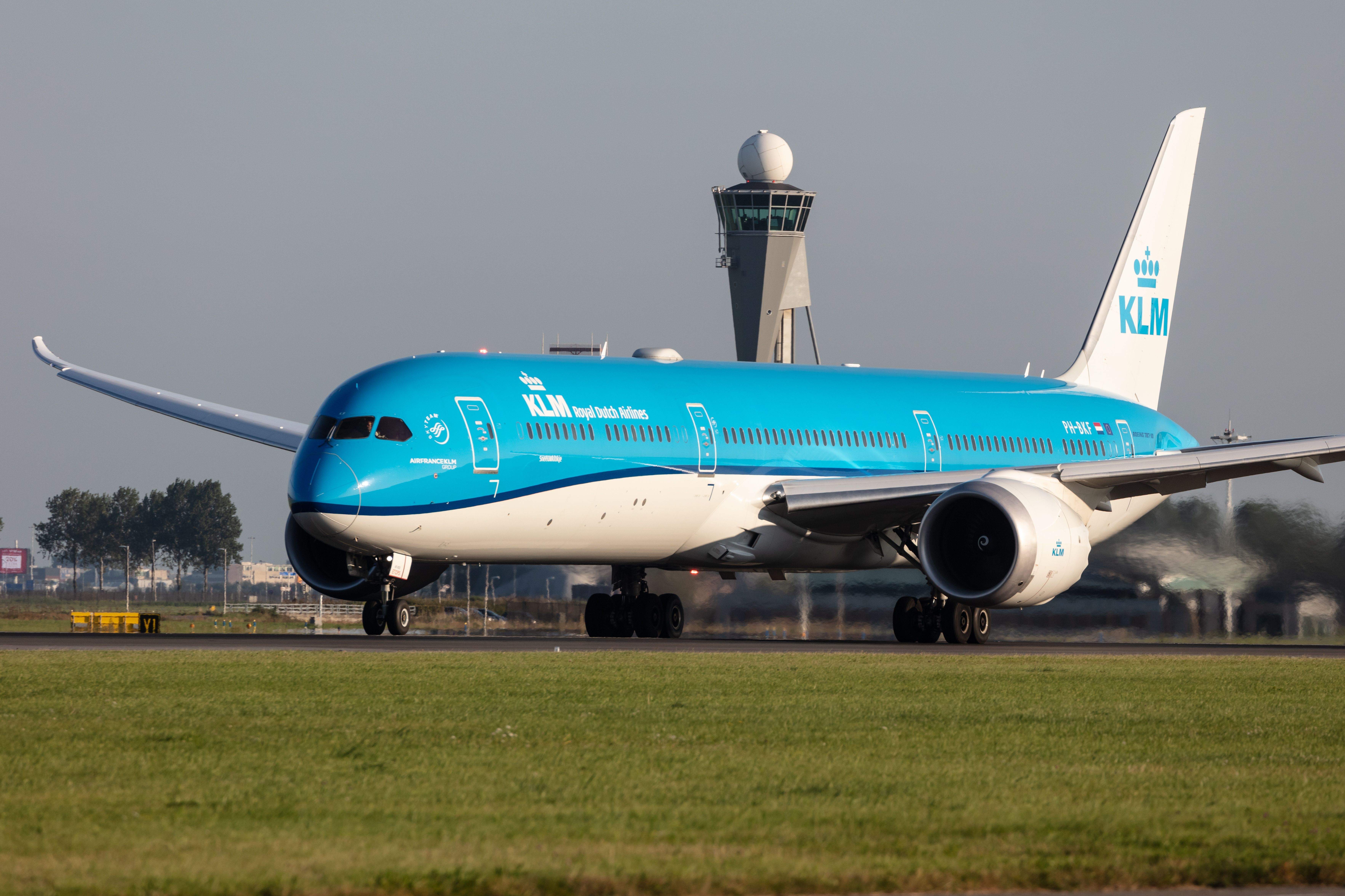 A KLM Airbus A330-200 on an airport apron. 