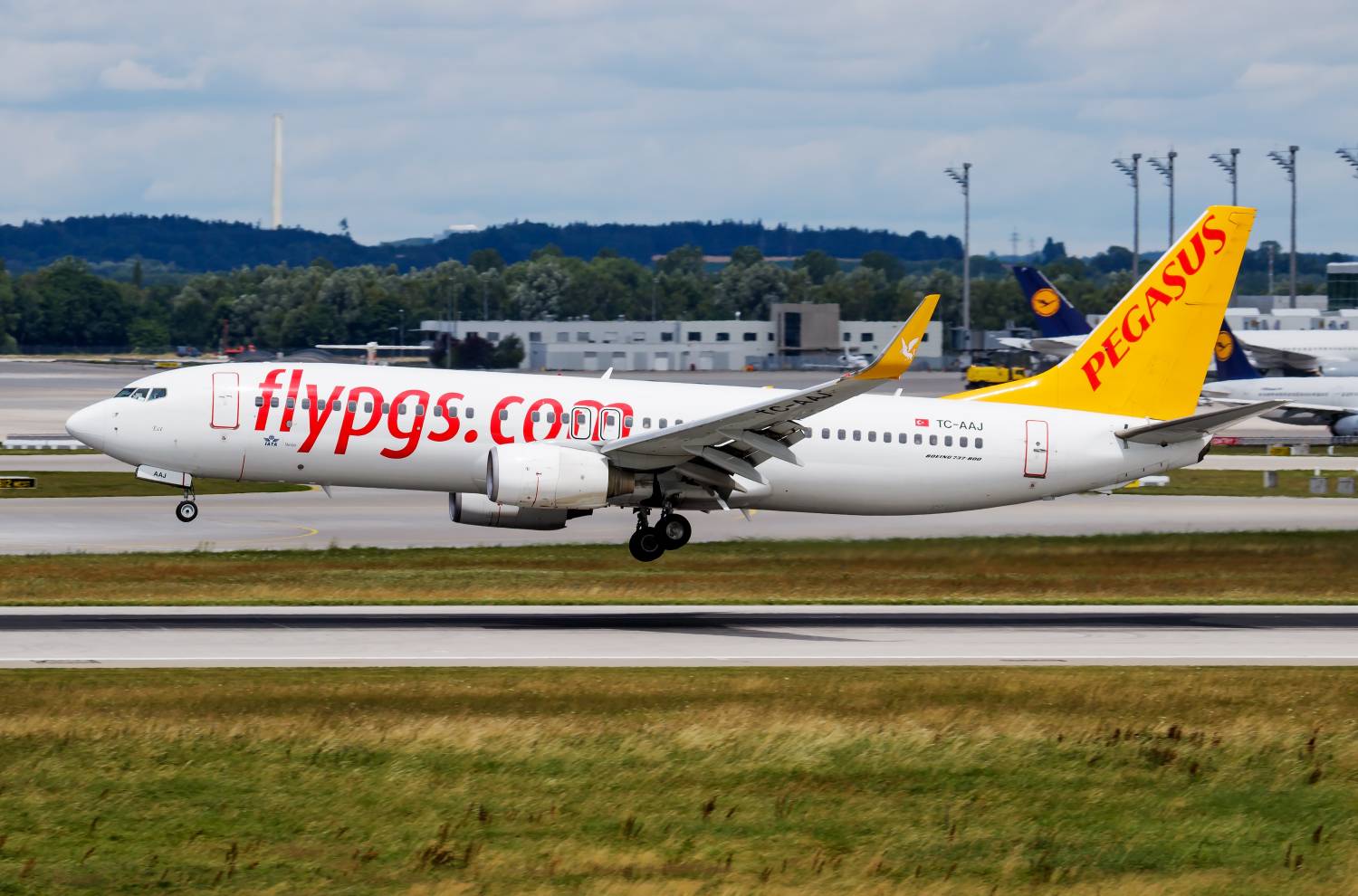 A Pegasus Airlines Boeing 737-800 just above a runway.