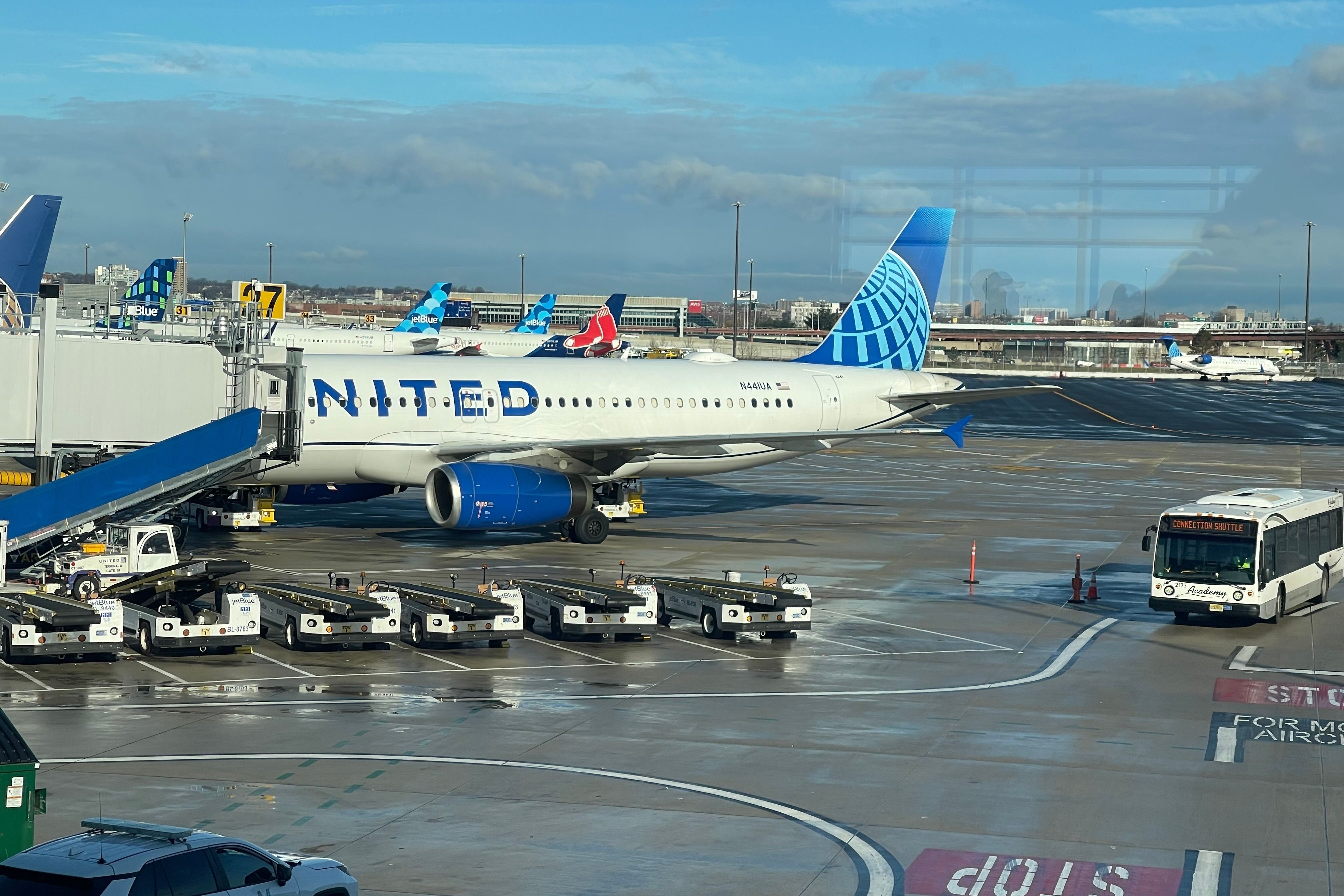 A United Airlines Airbus A320 parked at Terminal A at Newark Liberty International Airport.